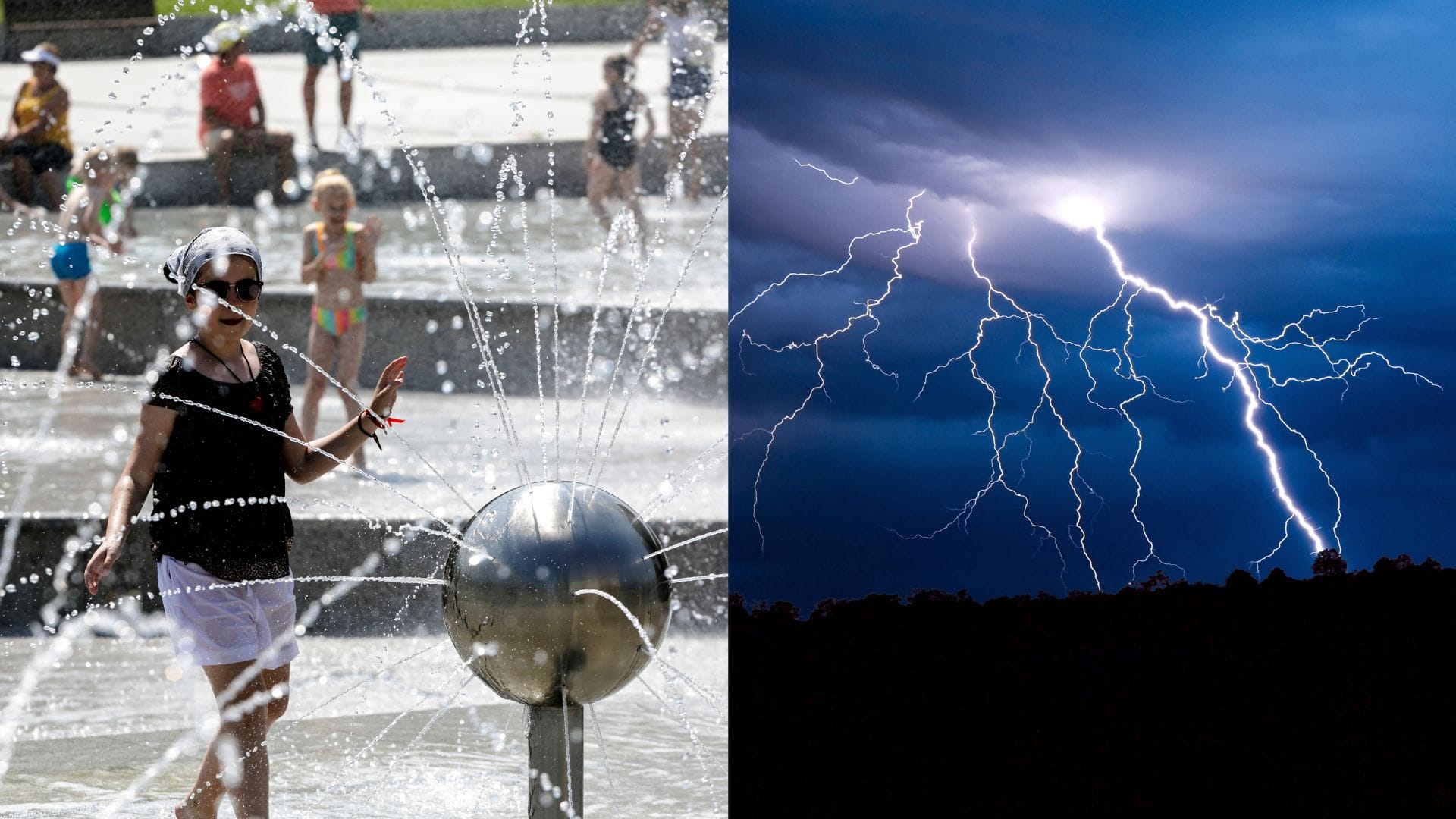 Ľudia sa osviežujú vo fontáne a blesky.