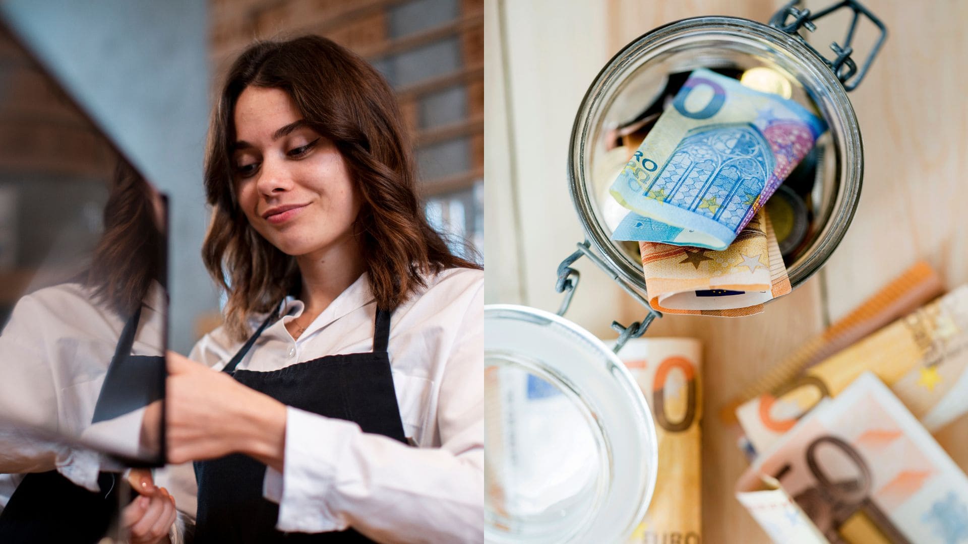 Mladá žena za výčapom a peniaze v nádobe.