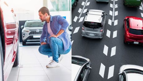 Muž si vyberá auto a autá na ceste.