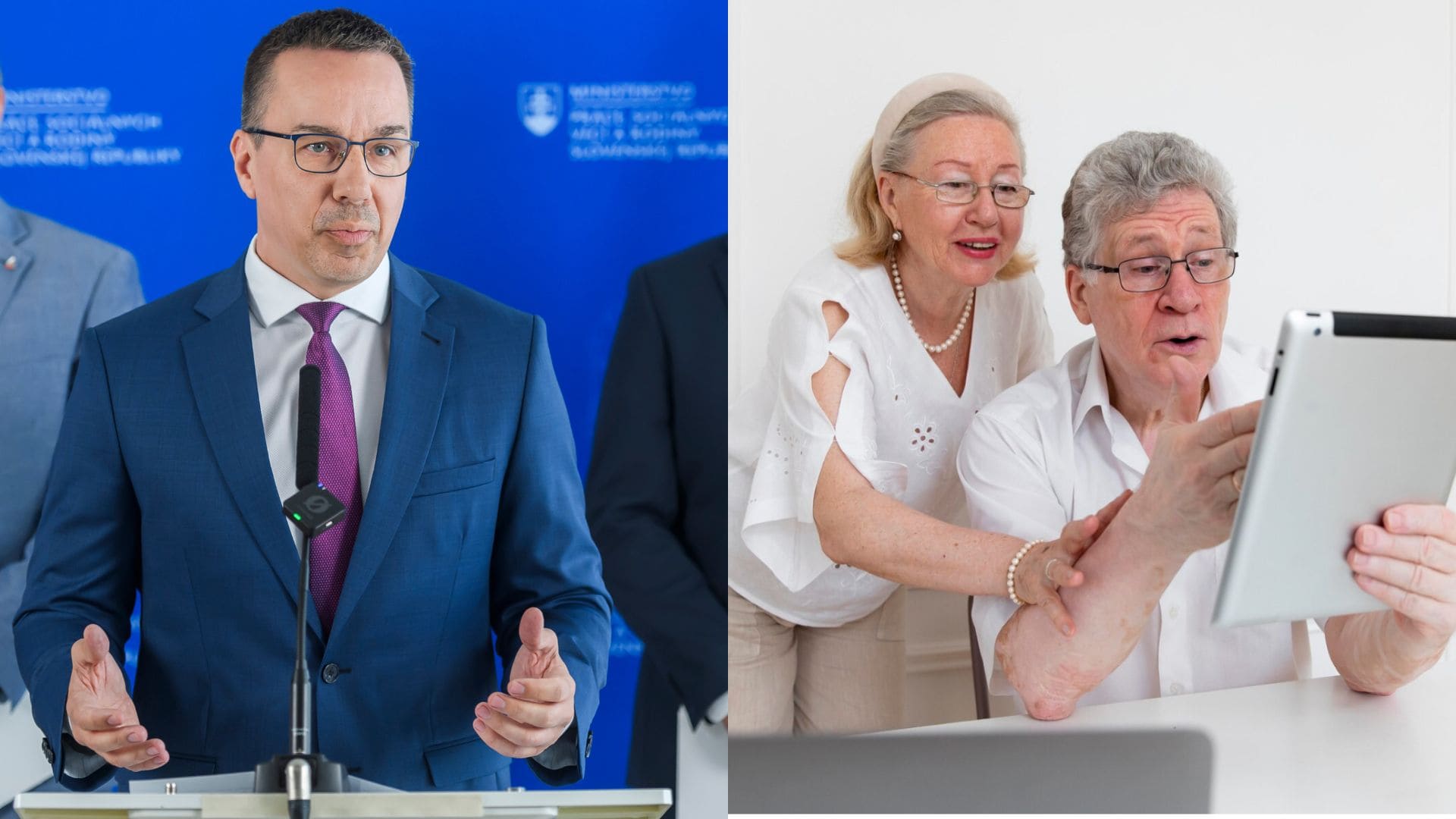 Erik Tomáš reční do mikrofónu a dôchodcovia, ktorý hľadia do tabletu.