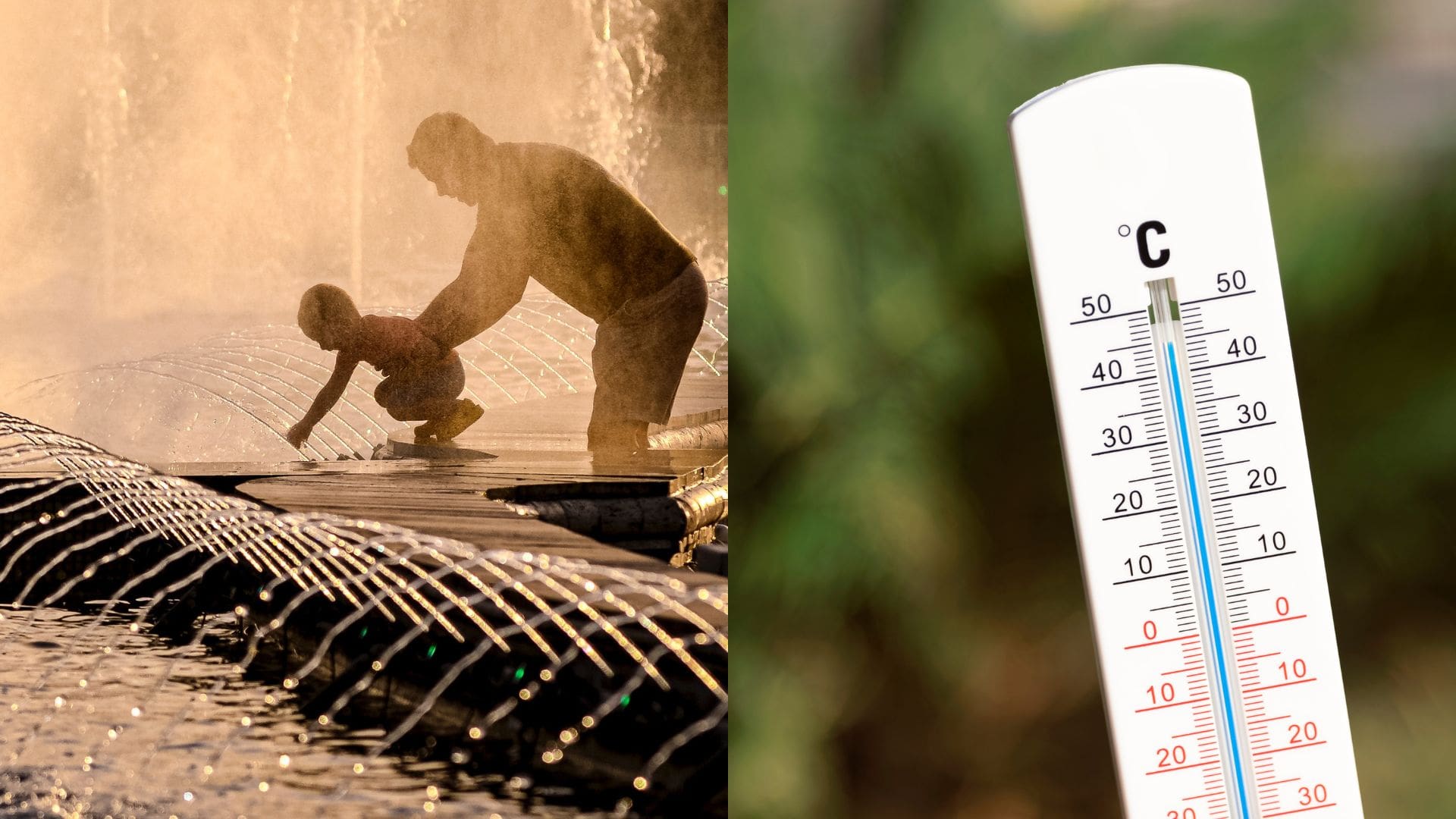 Muž s chlapcom pri fontáne a teplomer.