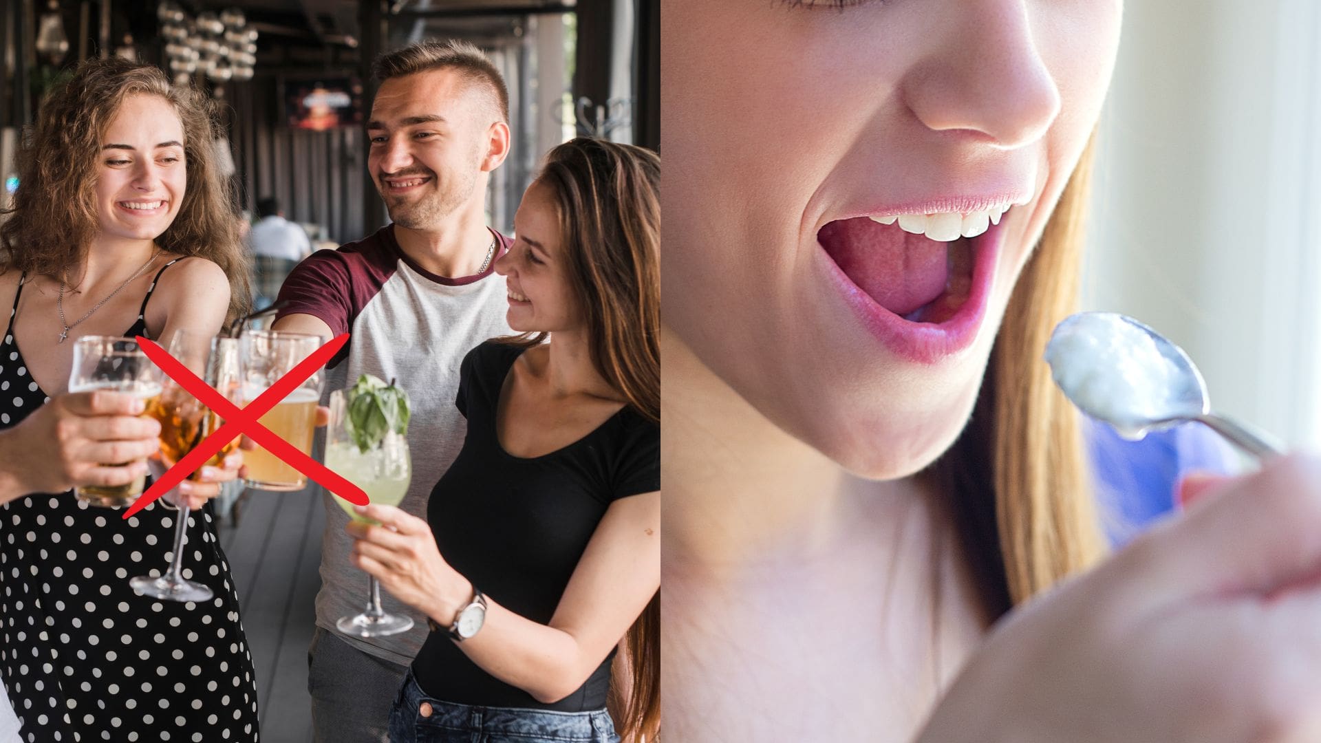 Skupinka si pripíja a žena si vkladá lžičku do úst.