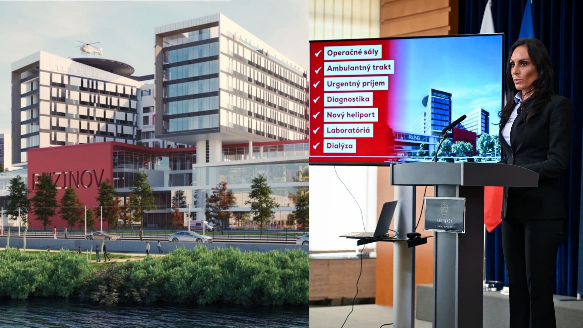Na snímke vizualizácia novej národnej nemocnice v Ružinove a ministerka zdravotníctva Zuzana Dolinková počas tlačovej konferencie.