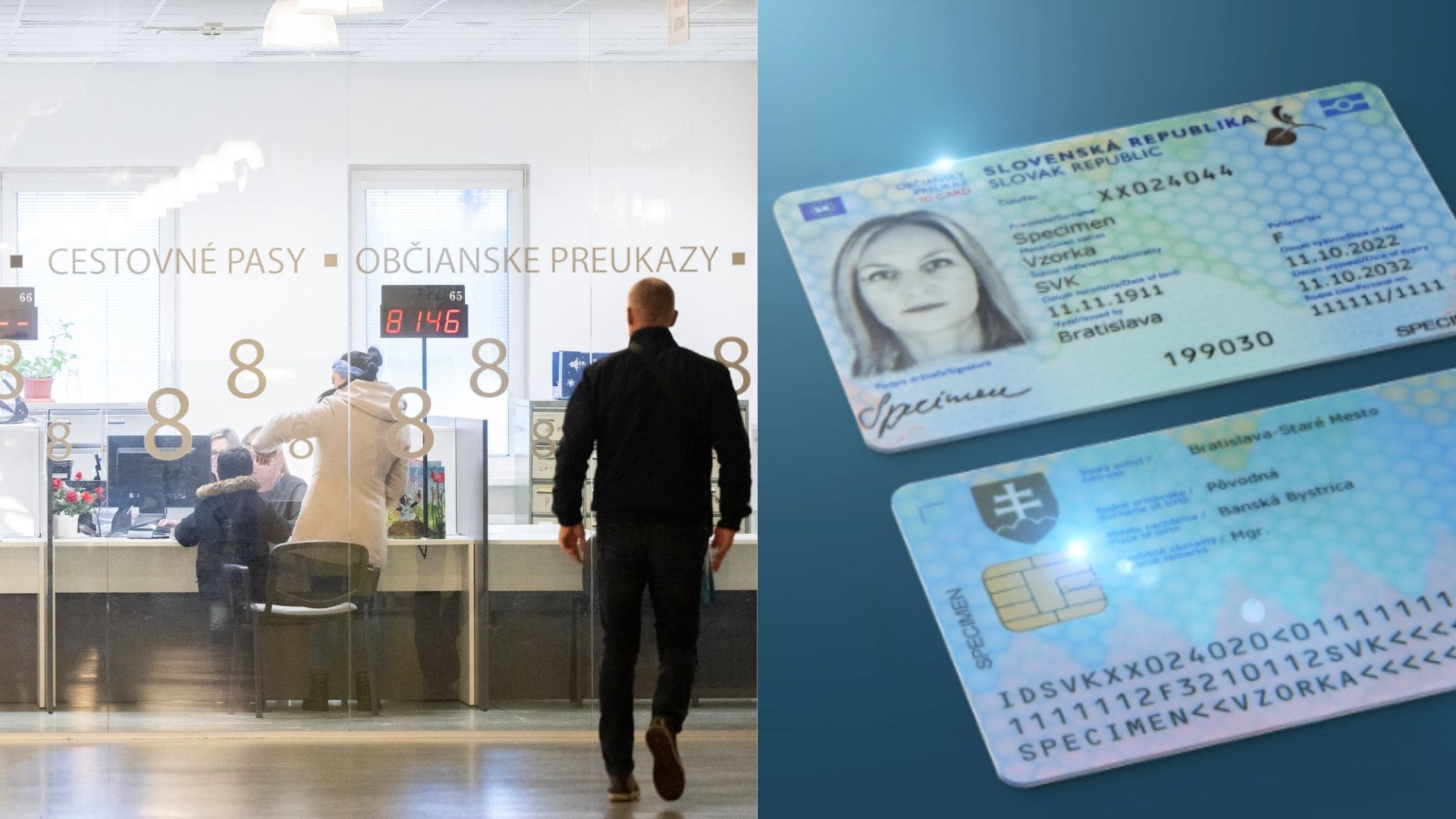 Na snímke Klientské centrum v Bratislave a občiansky preukaz vydávaný od roku 2022.
