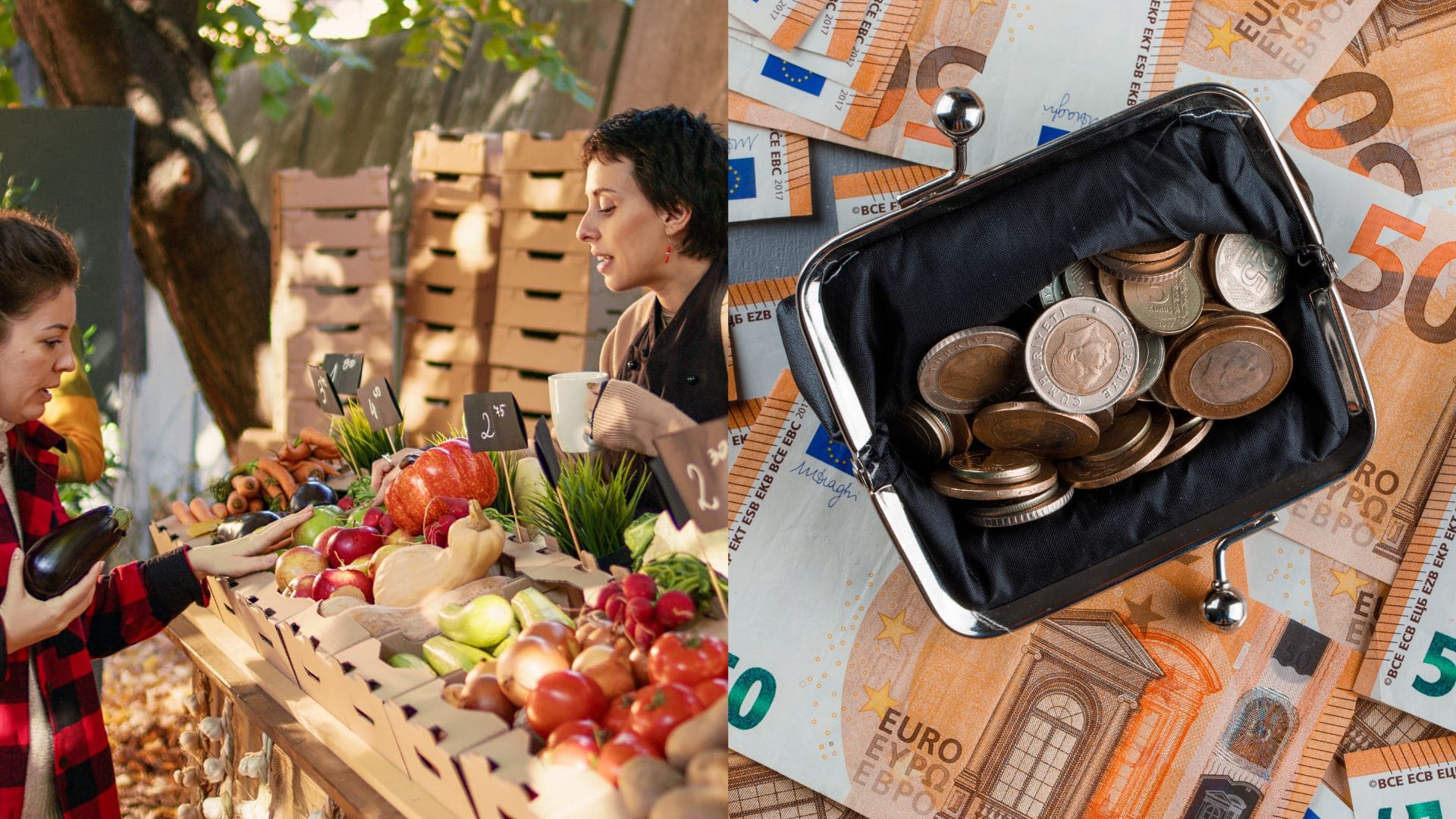 Žena predáva zákazníčke domácu zeleninu a peniaze v peňaženke.