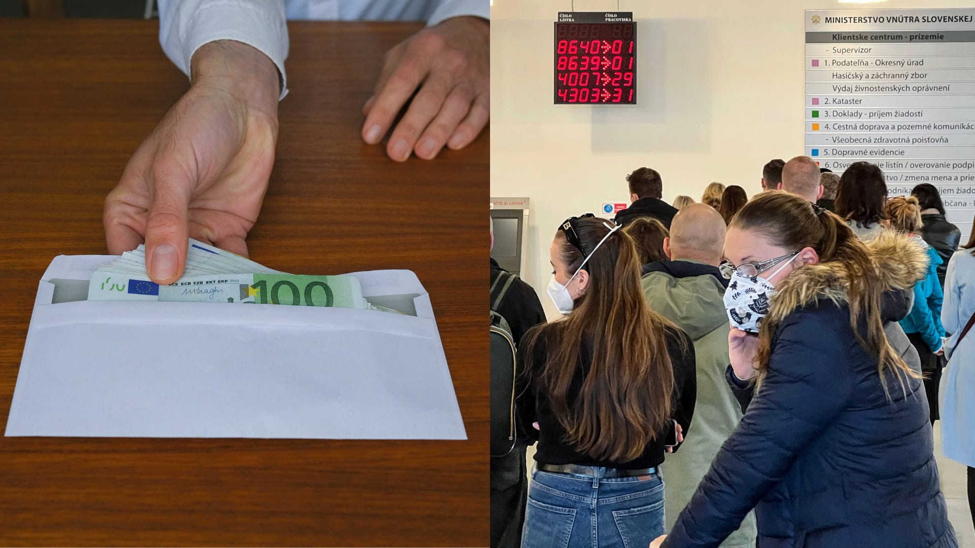 peniaze a ľudia čakajúci na doklady