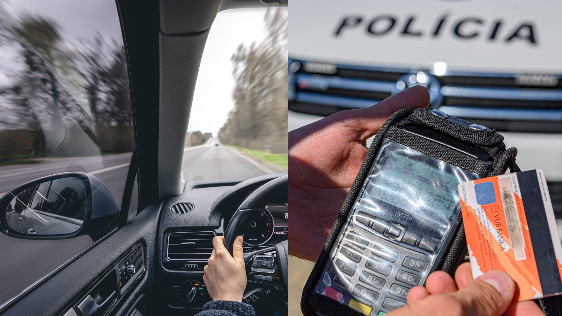 Na snímke žena na ceste za volantom a policajt pri policajnom aute dáva pokutu.