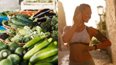 Zelenina v obchode a žena hľadí na hodinky.