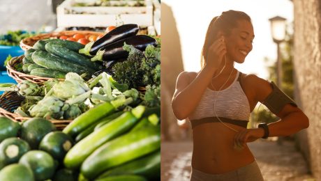 Zelenina v obchode a žena hľadí na hodinky.