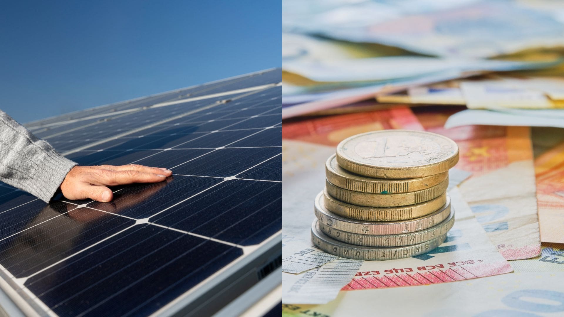 Ruka, ktorá sa dotýka solárneho panelu a peniaze.