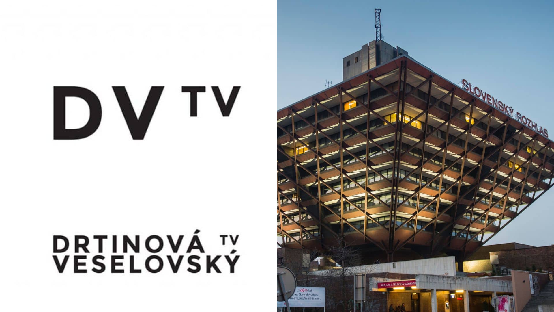 Logo DVTV a osvetlená budova Slovenského rozhlasu RTVS.