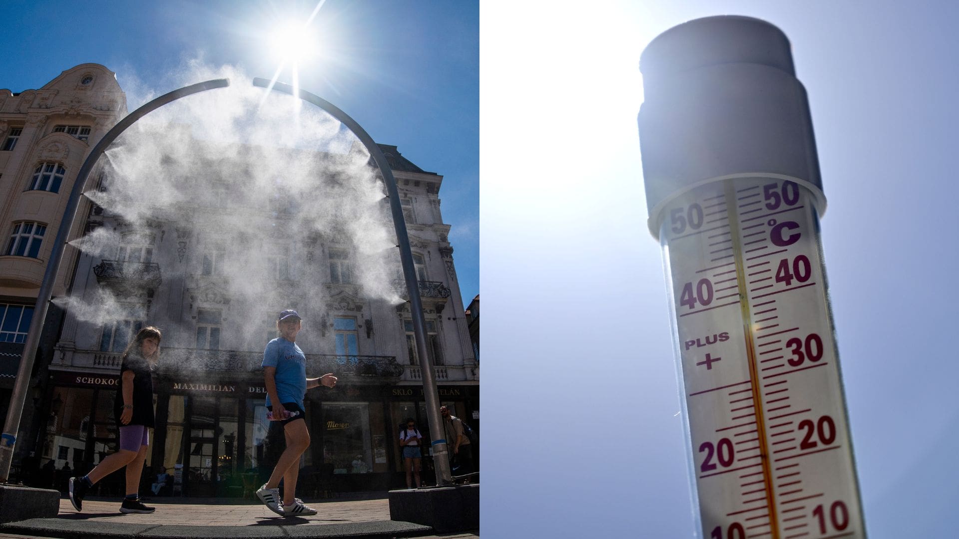 Na snímke ľudia sa ochladzujú počas vysokých teplôt a teplomer.