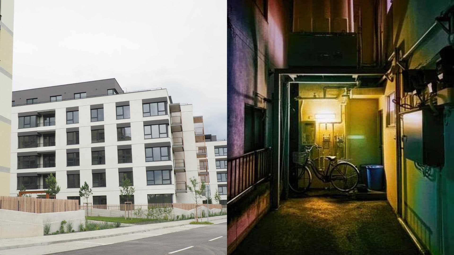 Bytovky a zaplnená chodba.