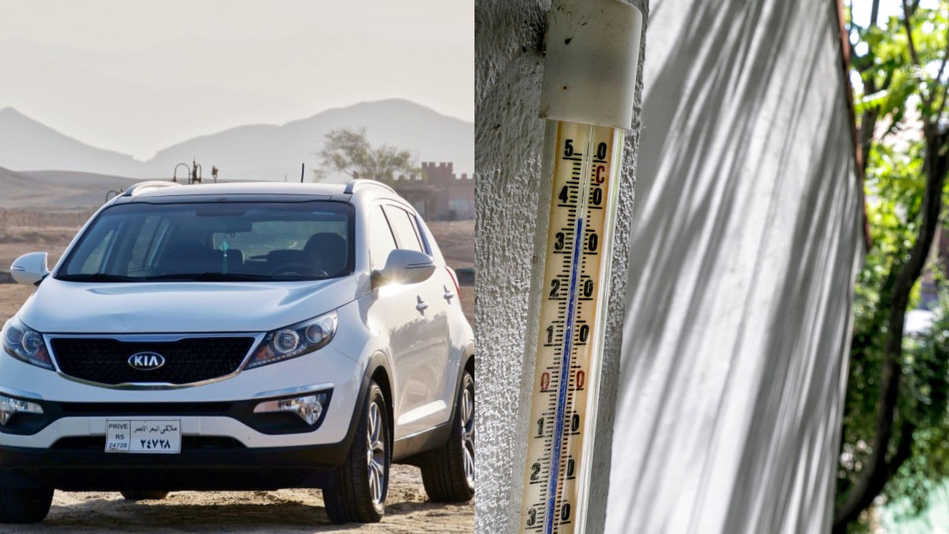 Auto na púšti a teplomer.