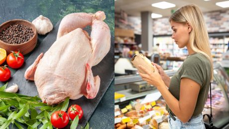 Na snímke celé kura a žena vyberajúca tovar z pultu v obchode.