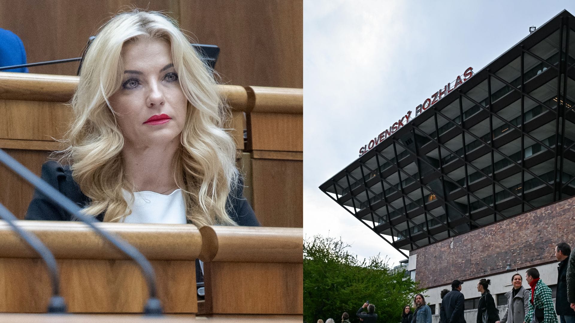 Na snímke ministerka kultúry Martina Šimkovičová a budova Slovenského rozhlasu.