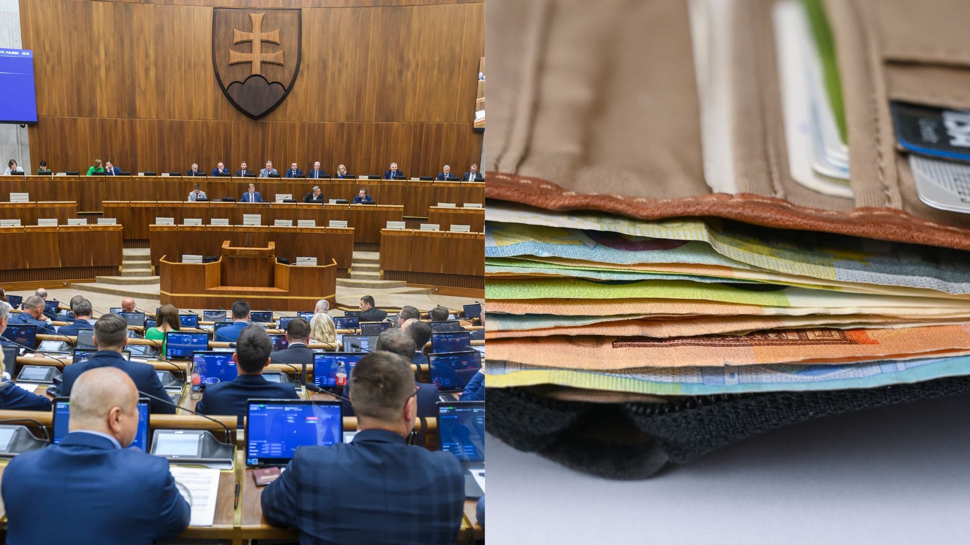 Na snímke plénum počas 15. schôdze NR SR a peniaze v peňaženke.