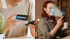 Žena drží kartu v ruke a ďalšia vykonáva biometriku tváre na mobile.