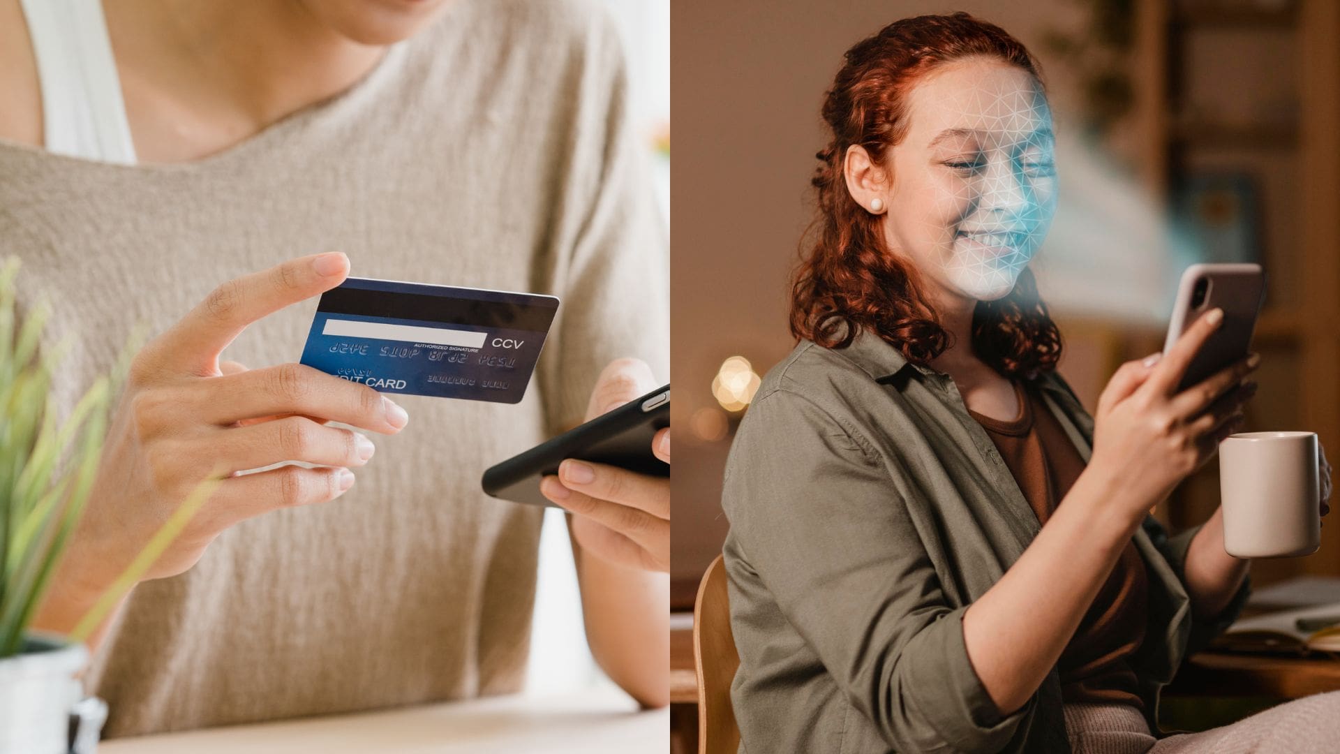 Žena drží kartu v ruke a ďalšia vykonáva biometriku tváre na mobile.