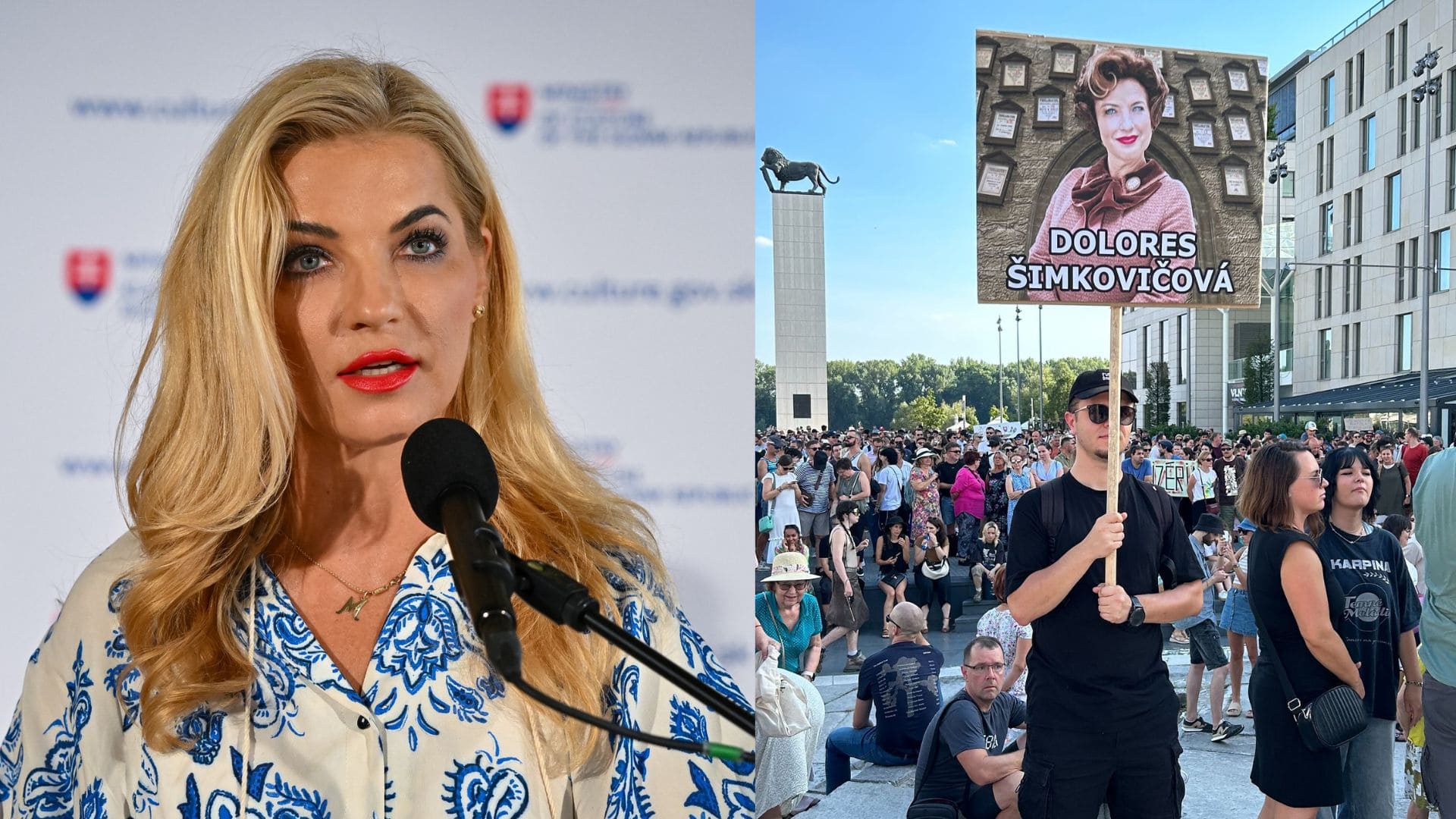 Na snímke ministerka kultúry Martina Šimkovičová a ľudia protestujúci proti nej.