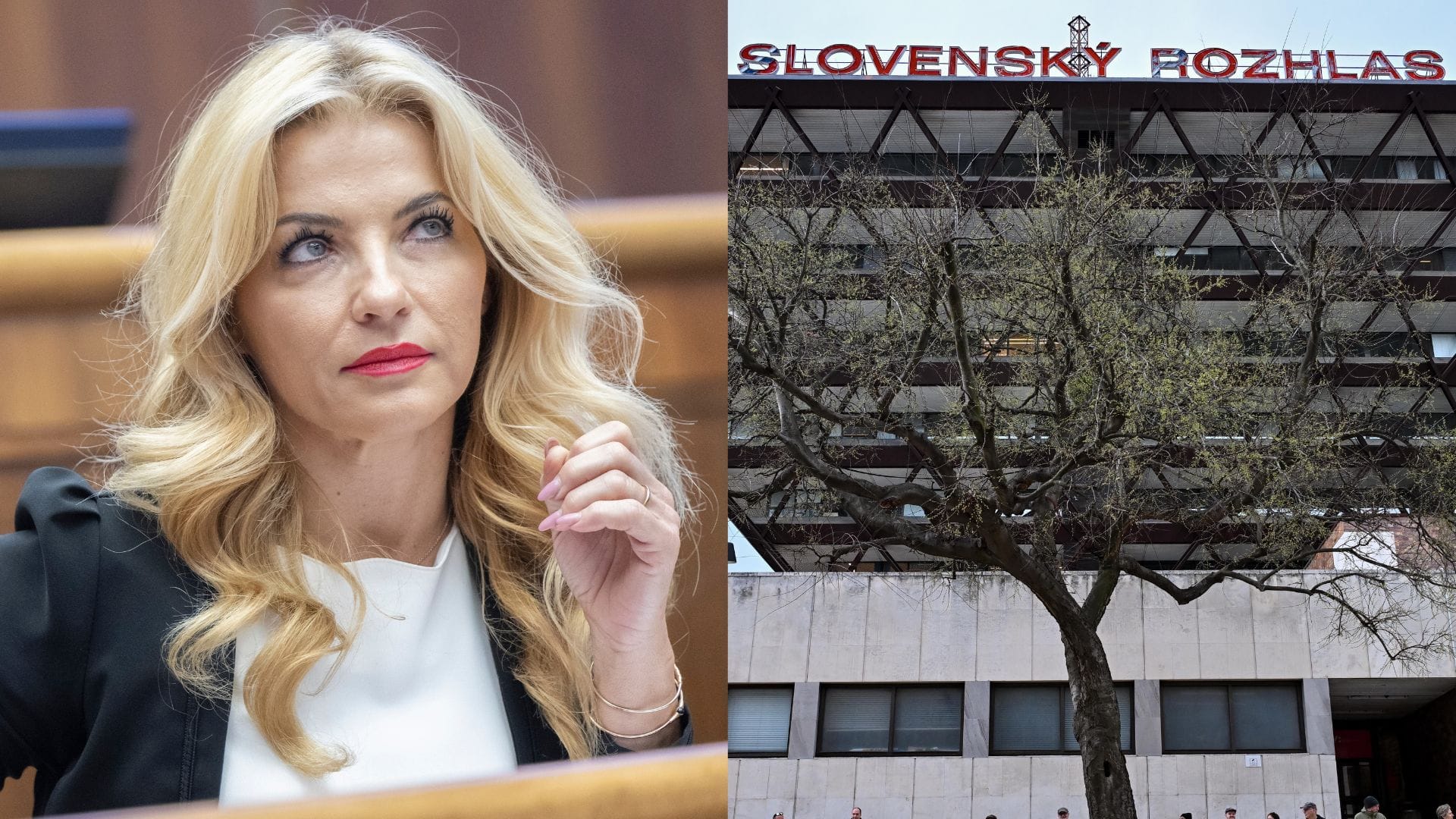 Na snímke ministerka kultúry Martina Šimkovičová a budova Slovenského rozhlasu.