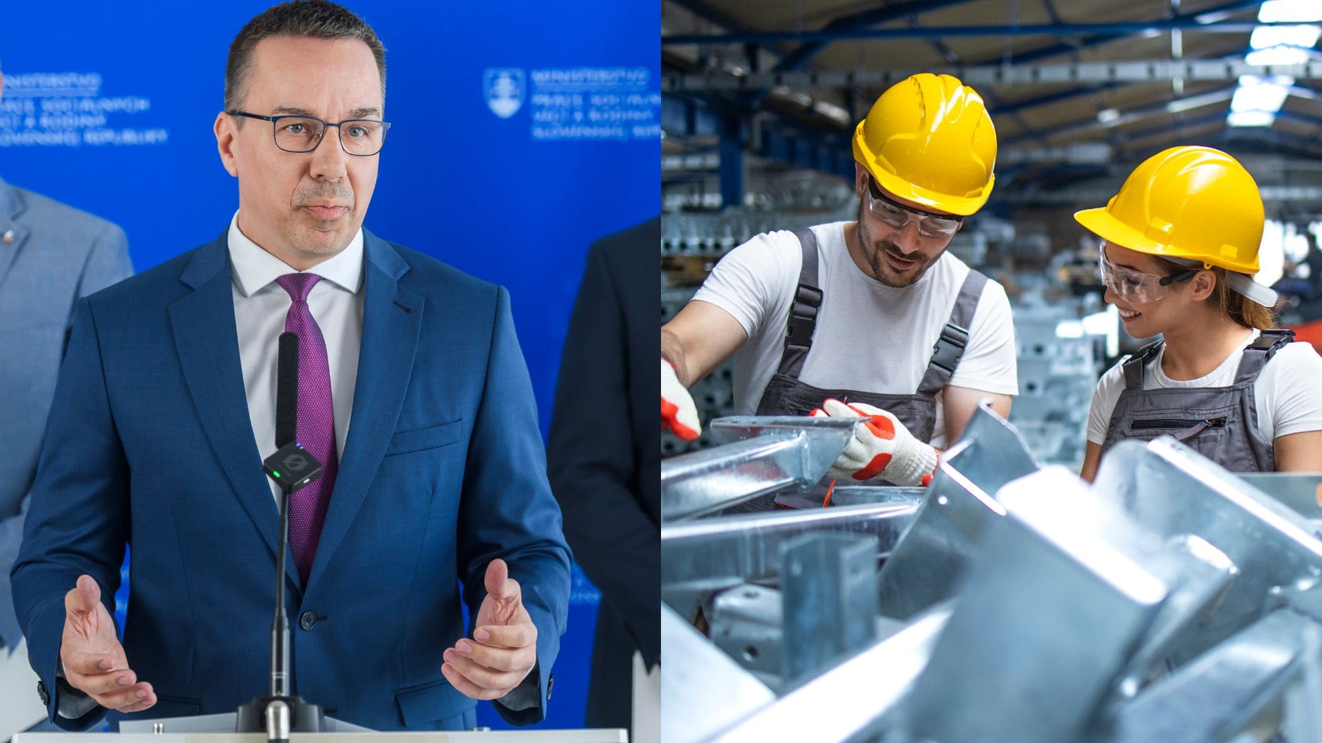 Erik Tomáš rozpráva do mikrofónu a zamestnanci pri práci.