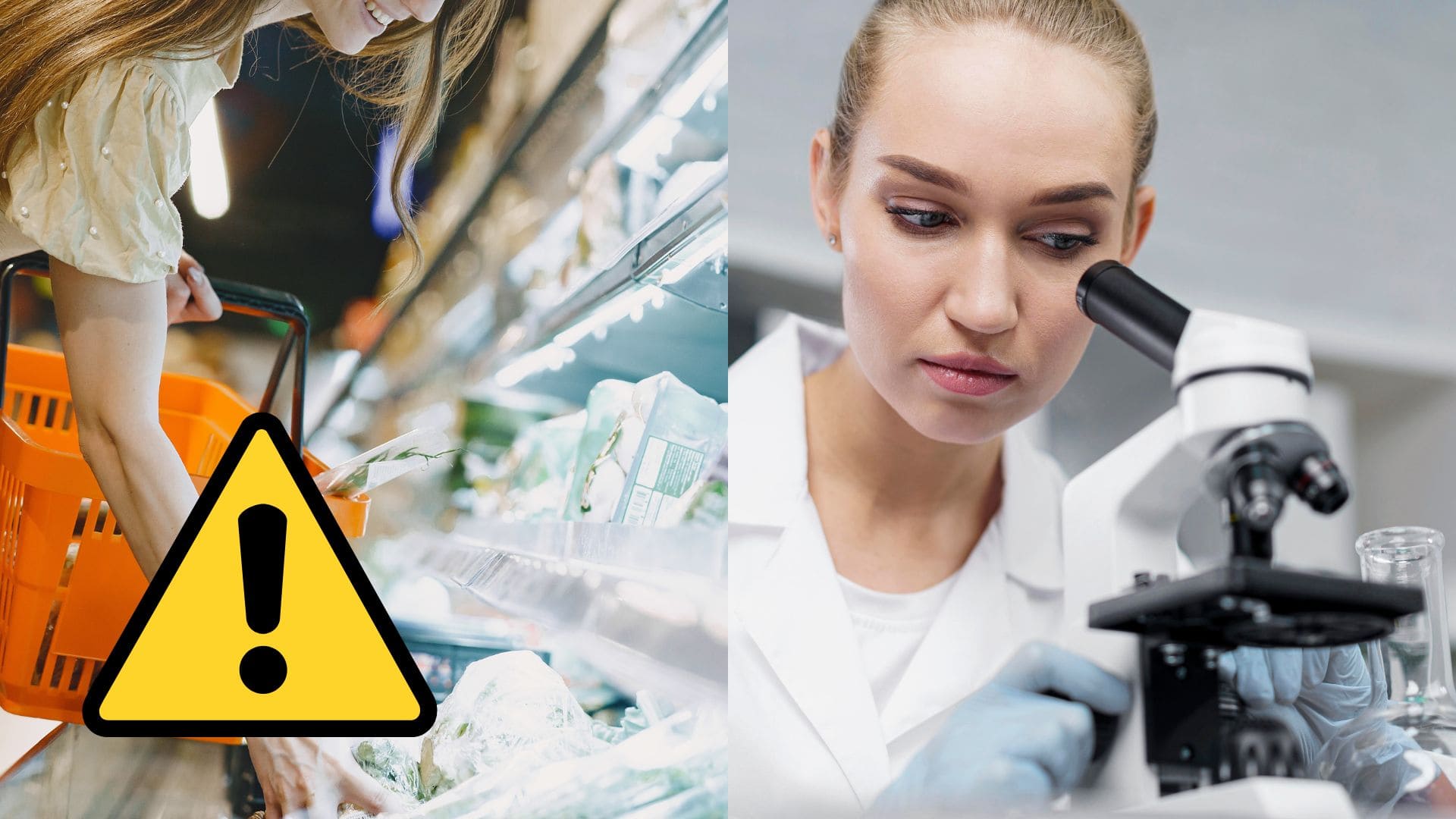 Žena v potravinách a vedkyňa pri práci.