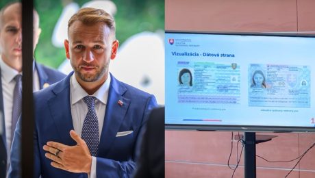 Na snímke minister vnútra Matúš Šutaj Eštok a vizualizácia nových slovenských pasov.