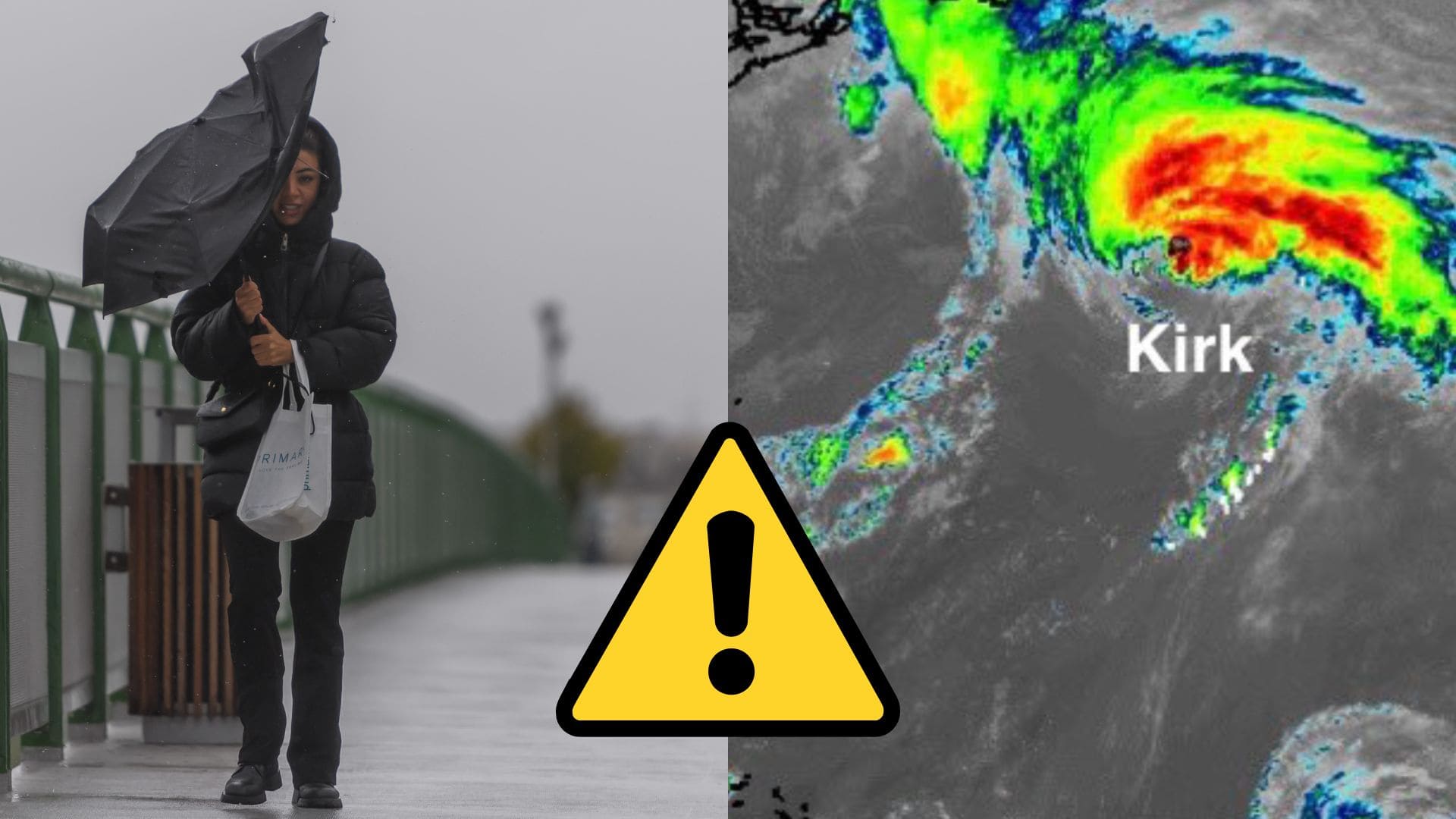 Žene naráža do dáždnika silný vietor a hurikán Kirk na mape.