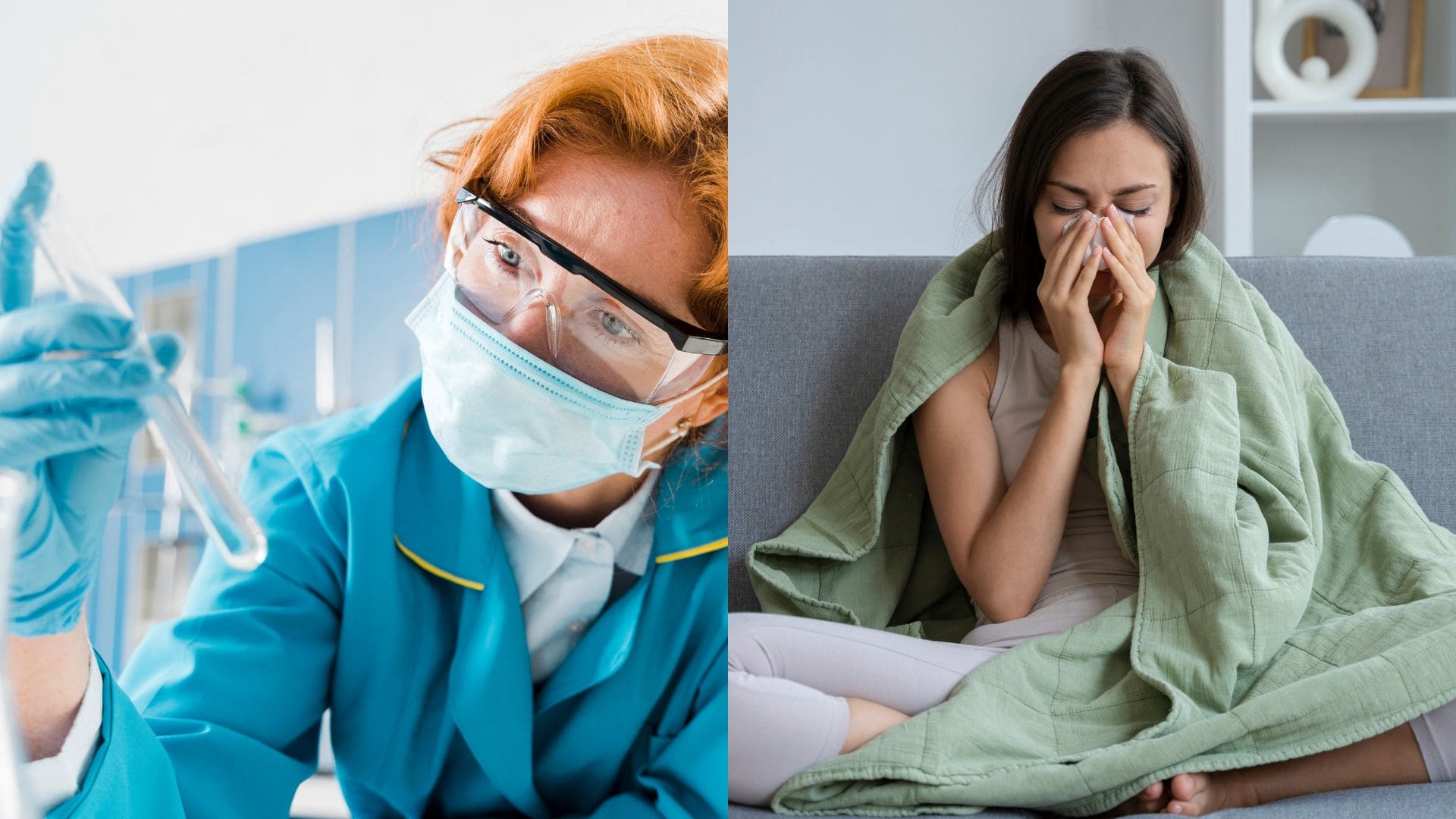 Vedkyňa pri práci so skúmavkou a žena na gauči si fúka nos do servítky.