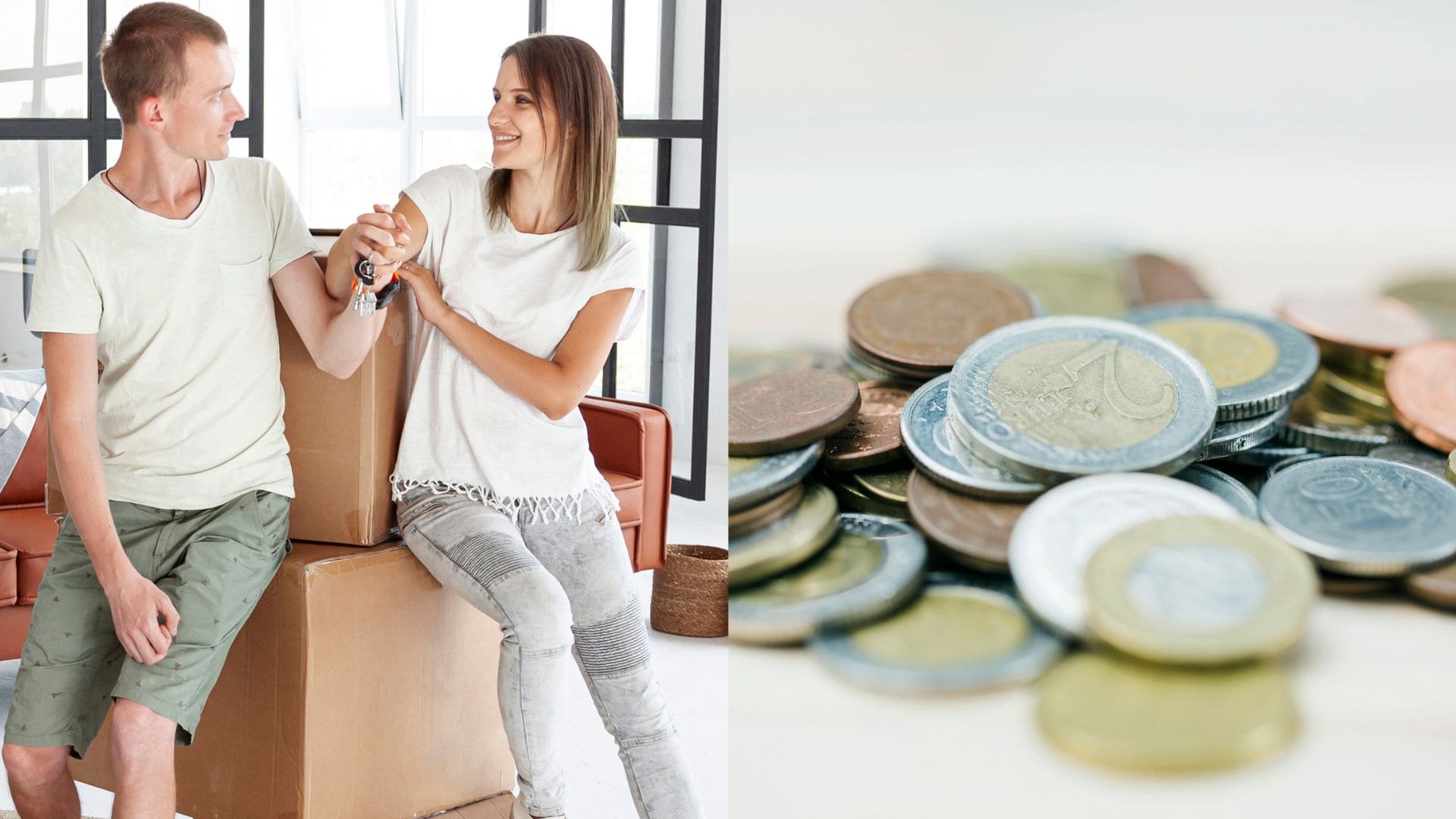 Pár pri škatuliach v byte a peniaze.