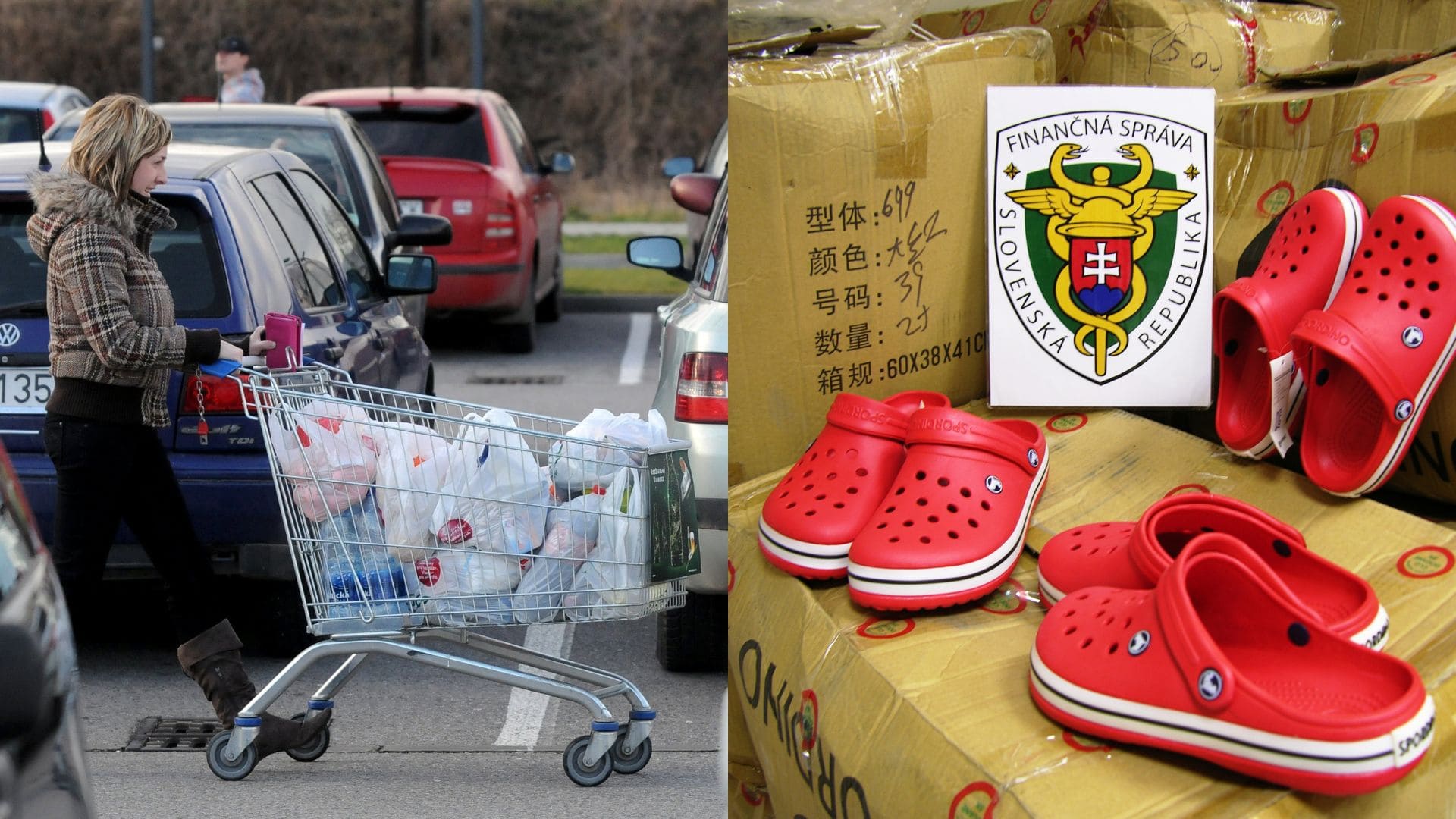 Na snímke nakupujúca žena a tovar z Číny na colnici.