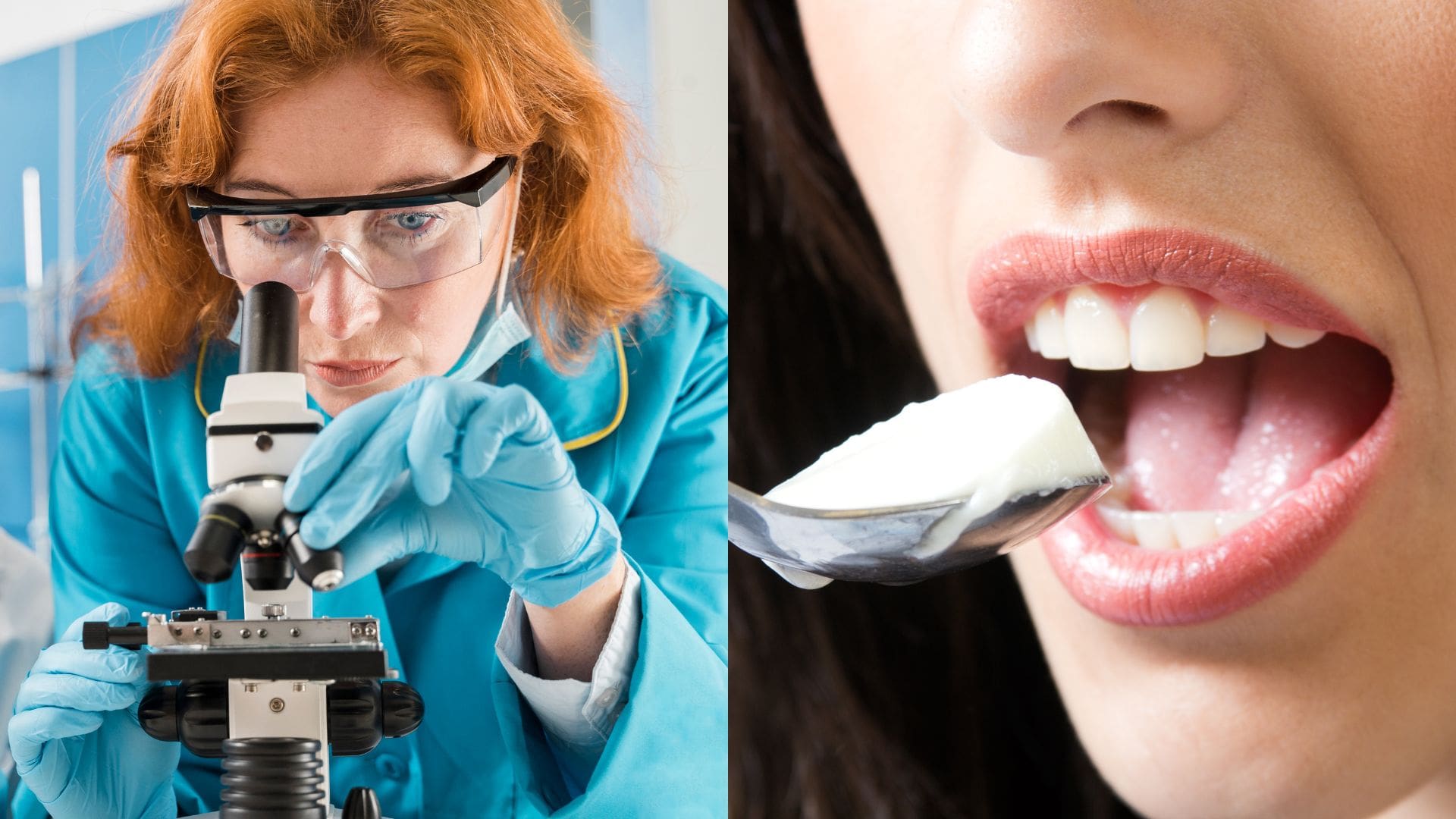 Vedkyňa pri práci a žena konzumuje jogurt.