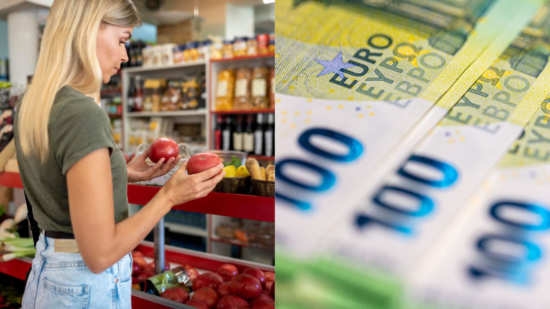 Žena nakupuje v potravinách a peniaze.