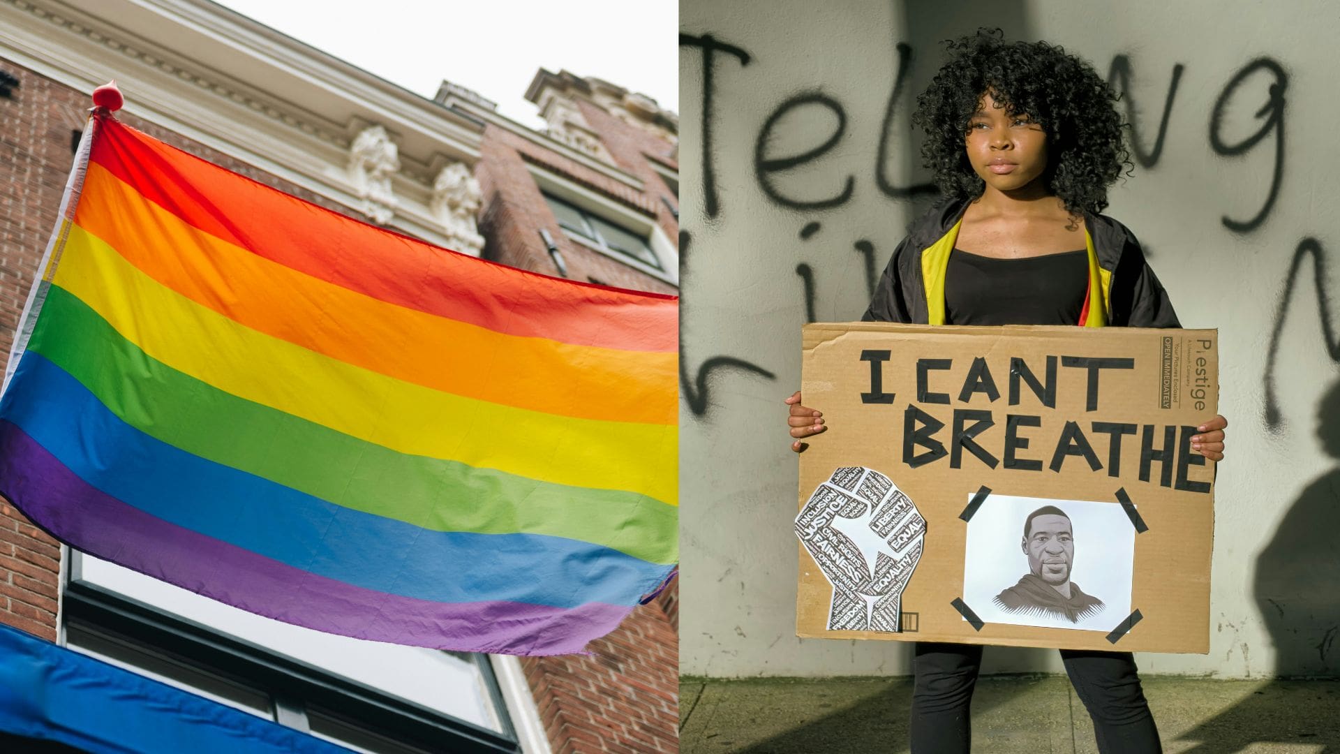 Pride vlajka, černošské dievča s transparentom