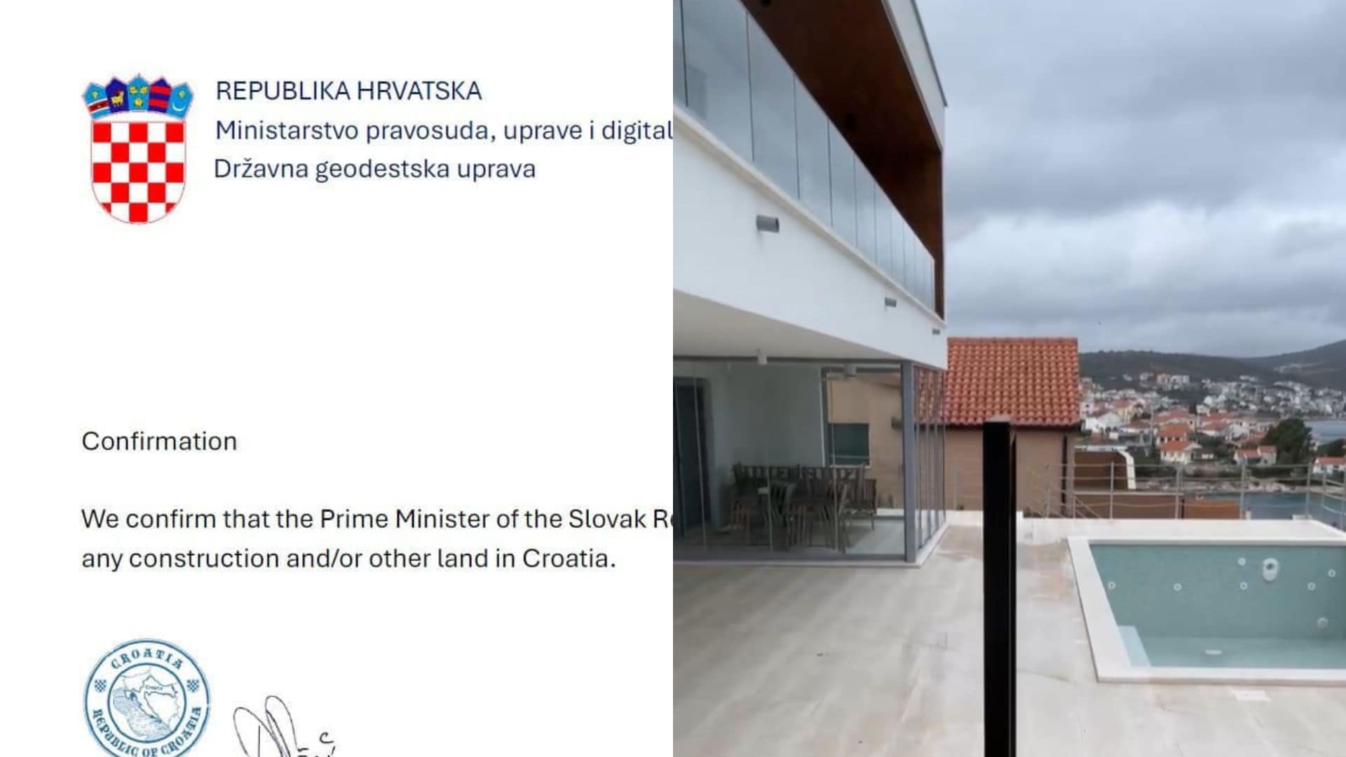 Na snímke dokument, ktorý mal deklarovať, že Fico nič nevlastní a údajná vila premiéra v Chorvátsku.