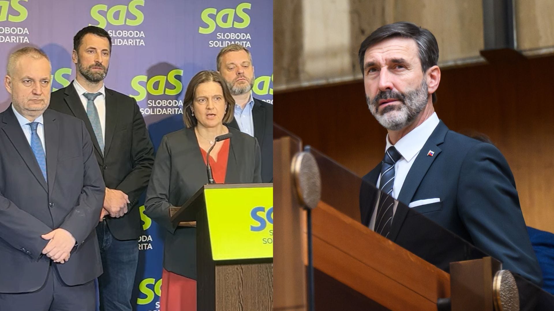 Na snímke poslanci SaS zľava Ondrej Dostál, Marián Viskupič, Mária Kolíková a Juraj Krúpa. Na druhej fotografii minister zahraničných vecí Juraj Blanár.