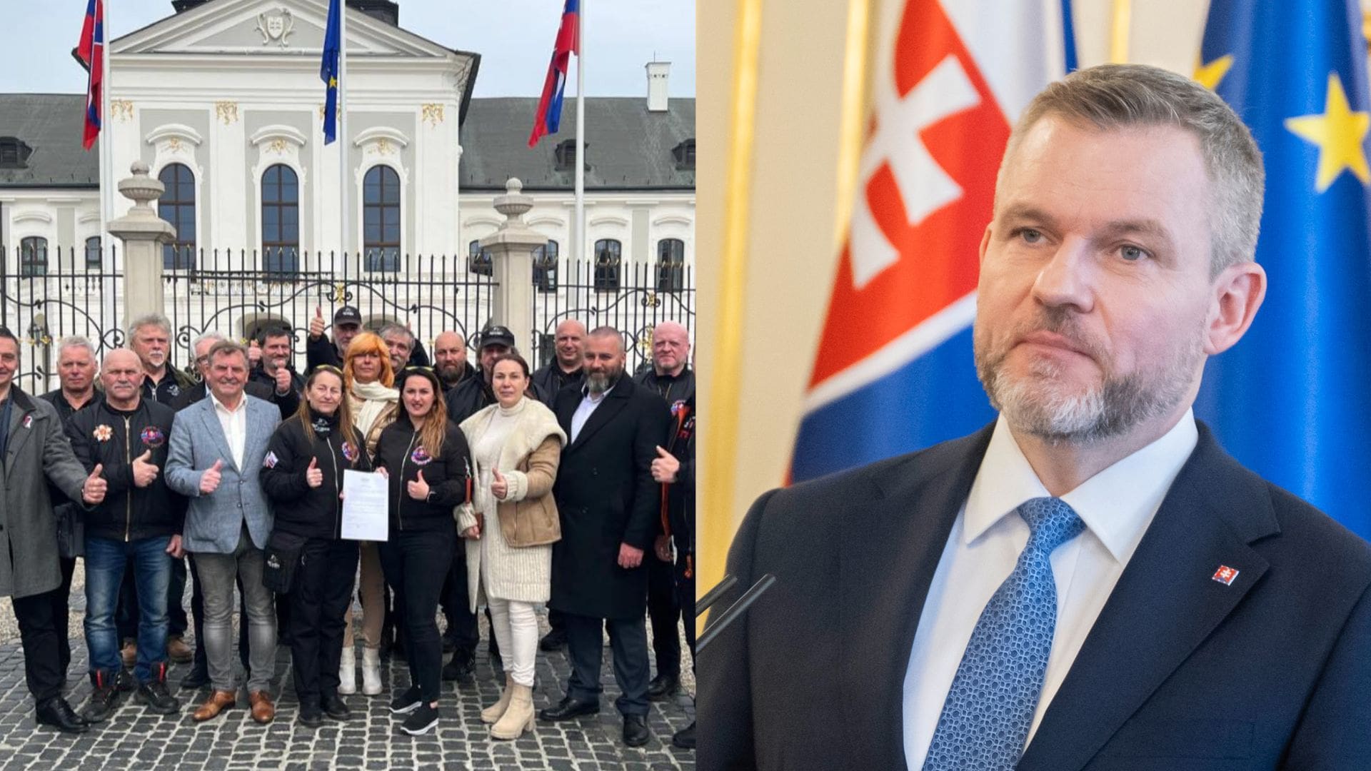 Na snímke združenie Brat za brata pred prezidentským palácom a prezident Peter Pellegrini.