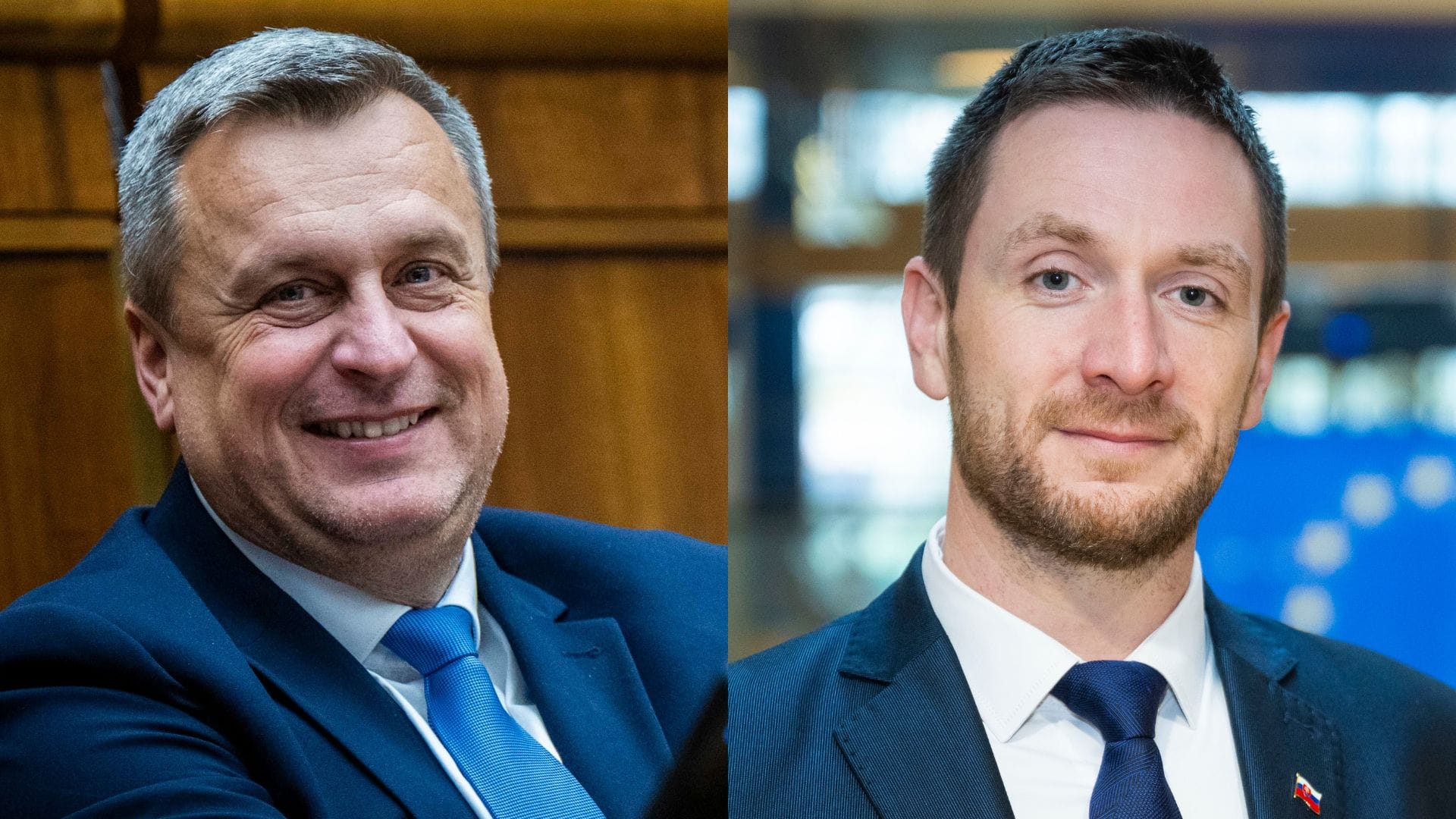 Na snímke líder SNS Andrej Danko a líder Republiky Milan Uhrík.