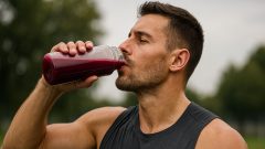 Muž pije šťavu z červenej repy