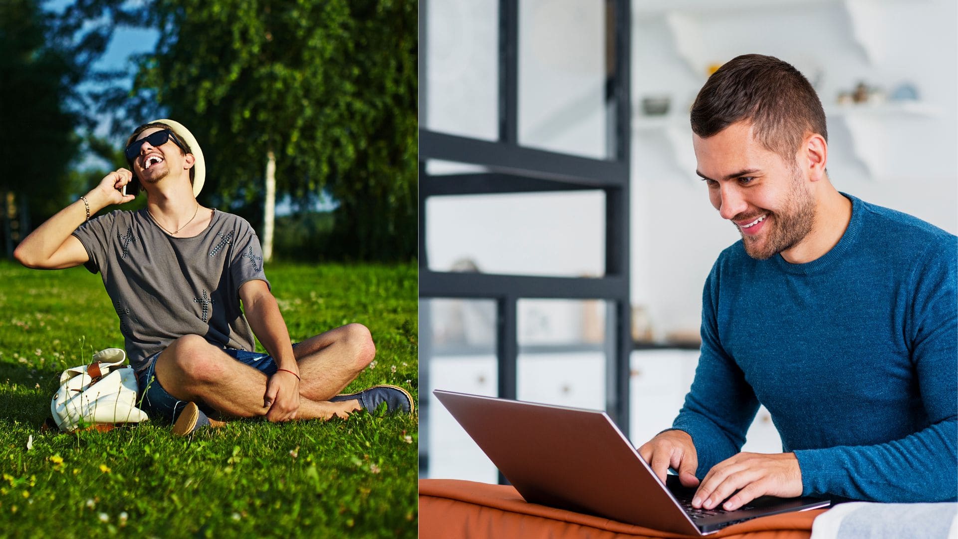 Muž sediaci v tráve a muž pracujúci na laptope