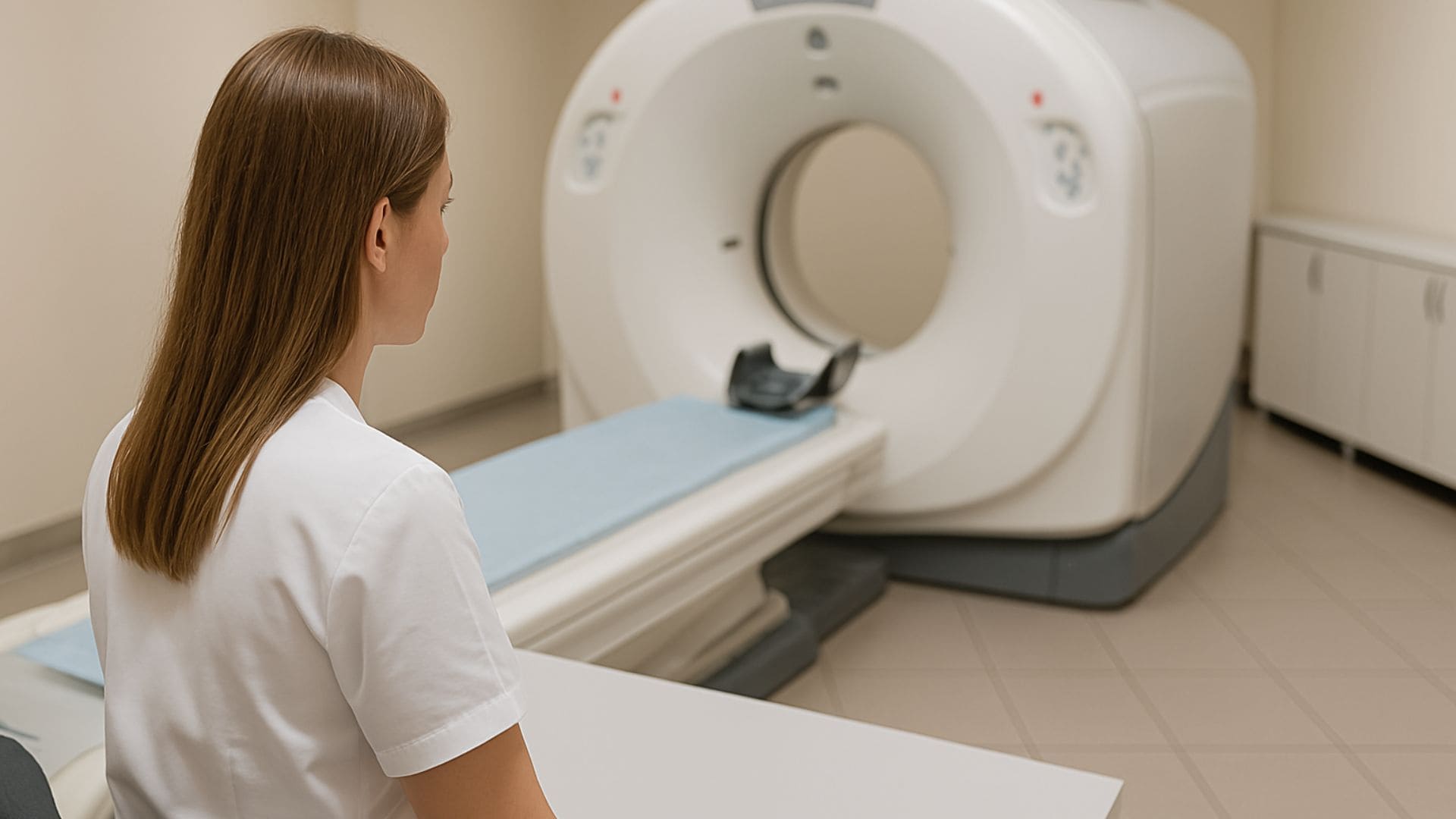 Žena čaká na CT vyšetrenie