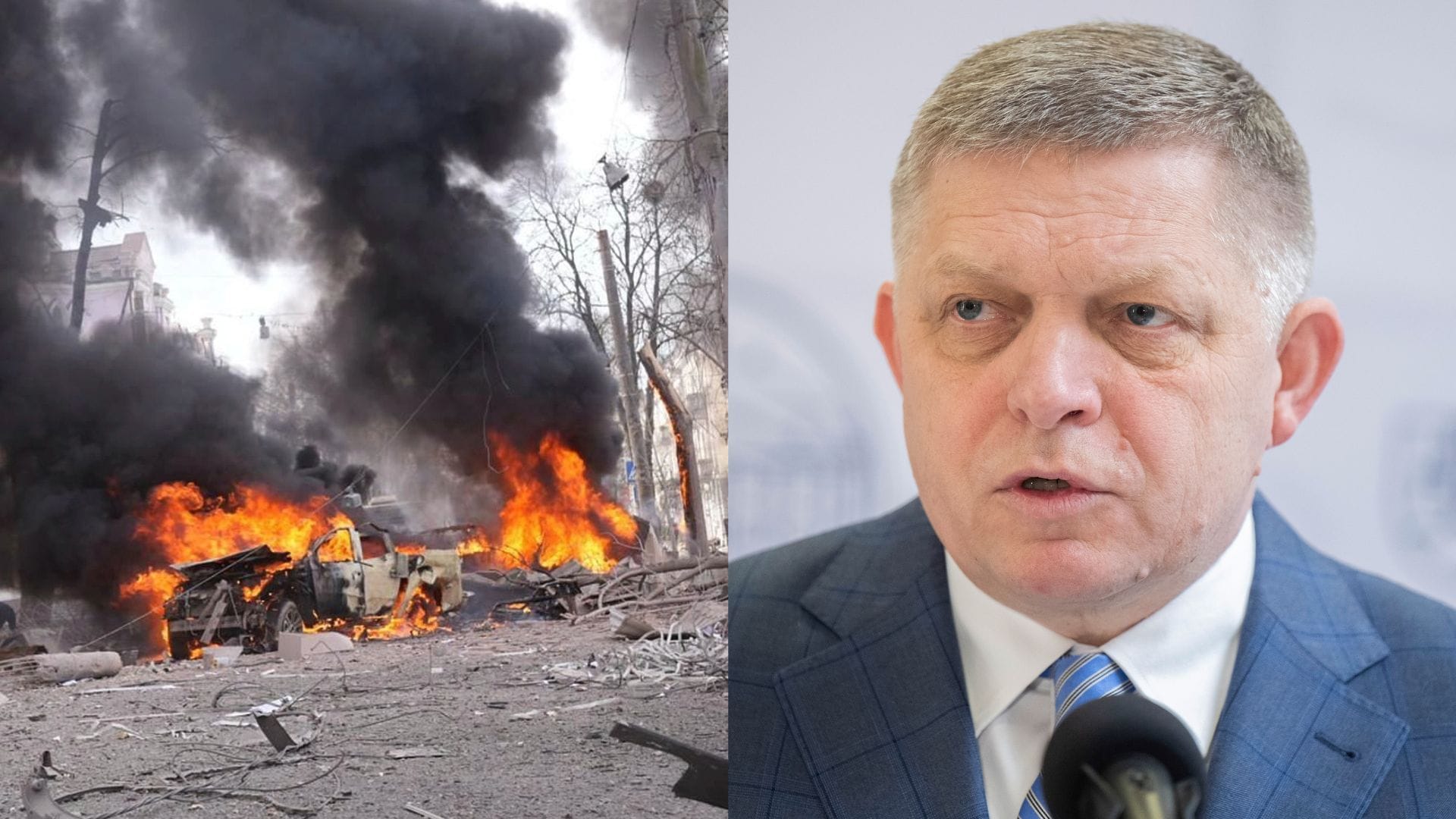 Na snímke útok na ukrajinské mesto Sumy a napravo slovenský premiér Robert Fico.