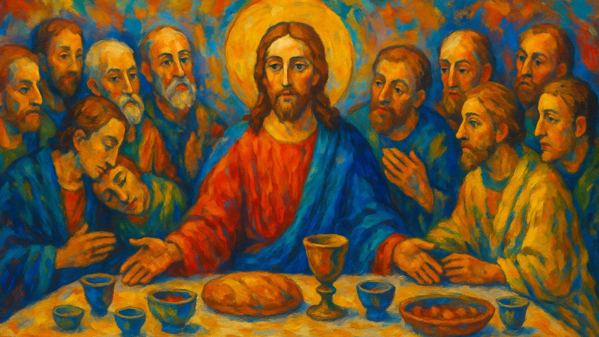 mpresionistická interpretácia Poslednej večere s výraznými farbami a dynamickými ťahmi štetca: Ježiš sedí uprostred stola, obklopený apoštolmi zachytenými v emotívnom rozhovore. Umelecké spracovanie zvýrazňuje duchovnú silu scény v abstraktnom a expresívnom štýle.
