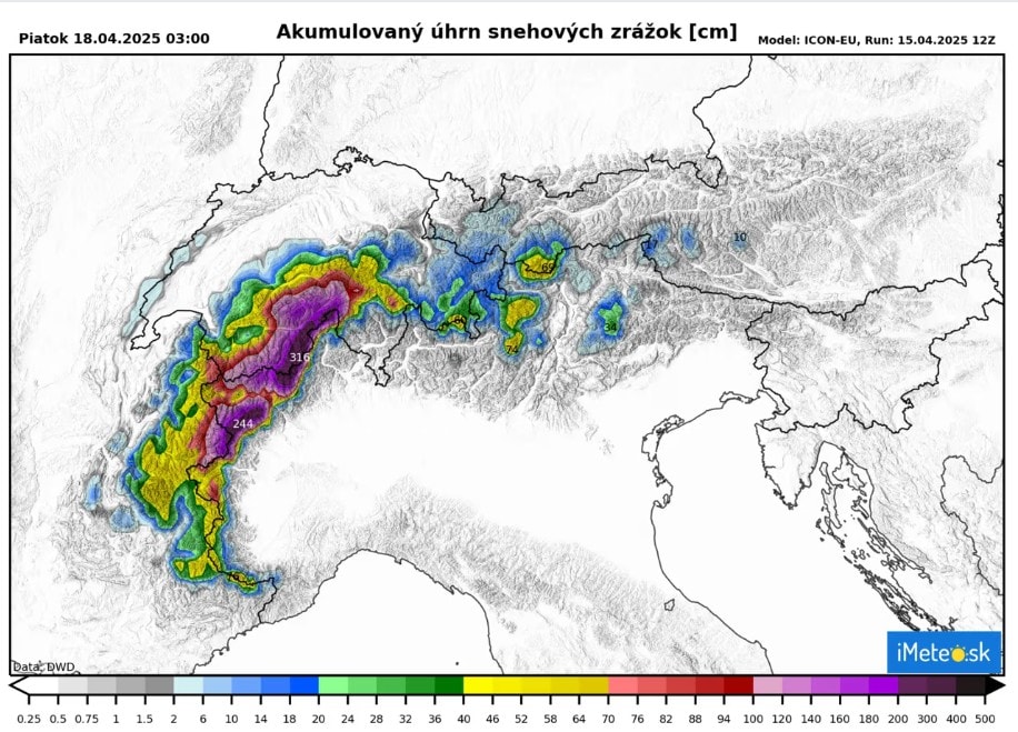 Snehové zrážky v Európe - mapa