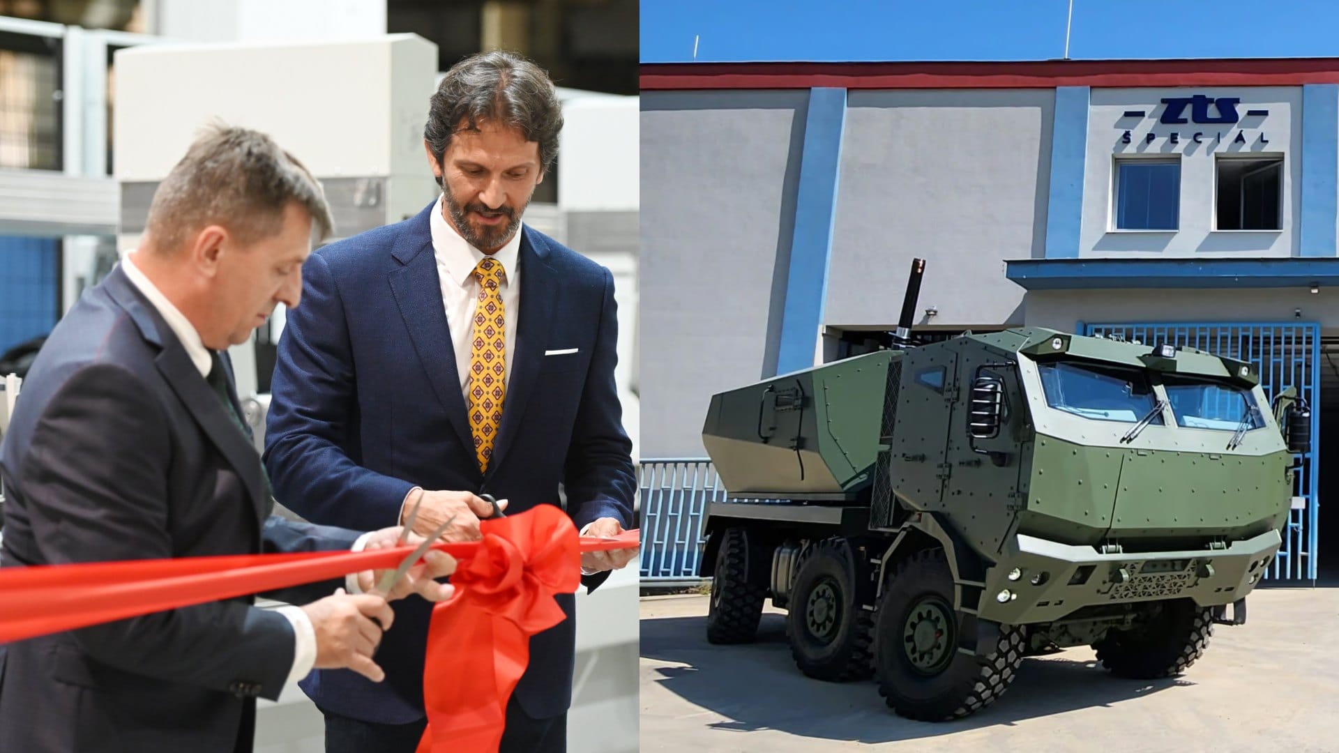 Na snímke minister obrany SR Robert Kaliňák (Smer-SD) a generálny riaditeľ ZTS - Špeciál Miroslav Sim počas strihania pásky pri novom obrábacom stroji využívanom pri výrobe hlavní pre húfnice v rámci tlačovej besedy