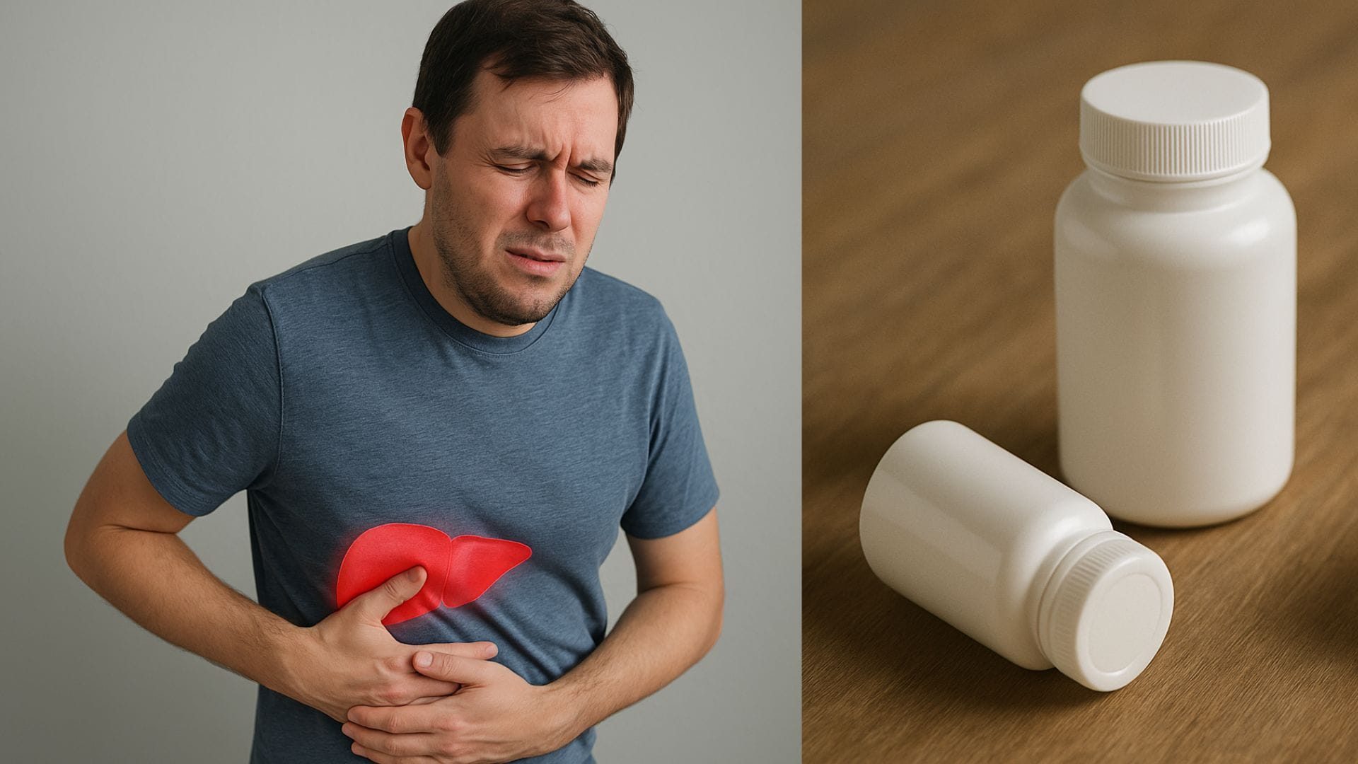 muž s bolesťou pečene a prázdne doplnky