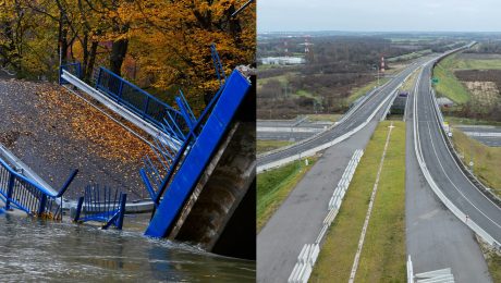 Na snímke spadnutý most a diaľnica.