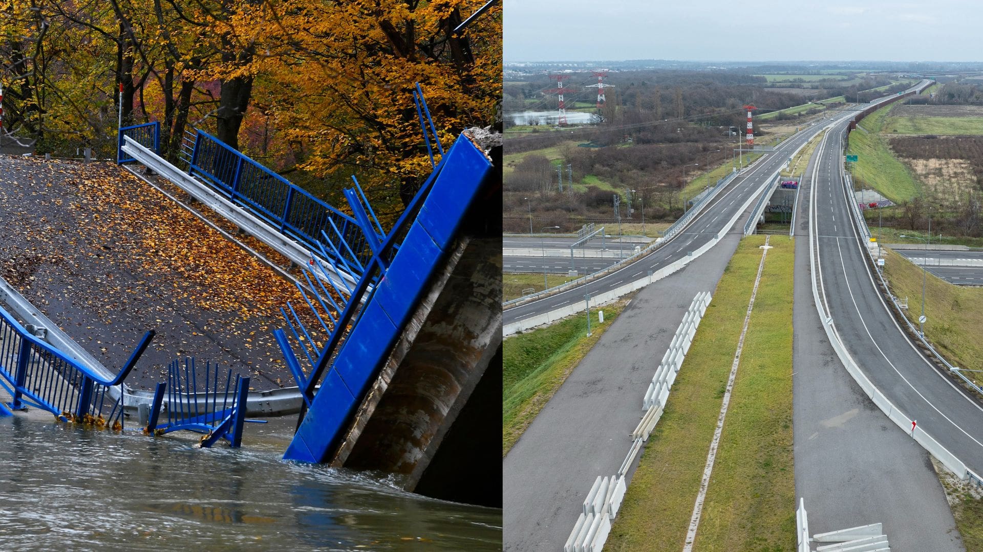 Na snímke spadnutý most a diaľnica.