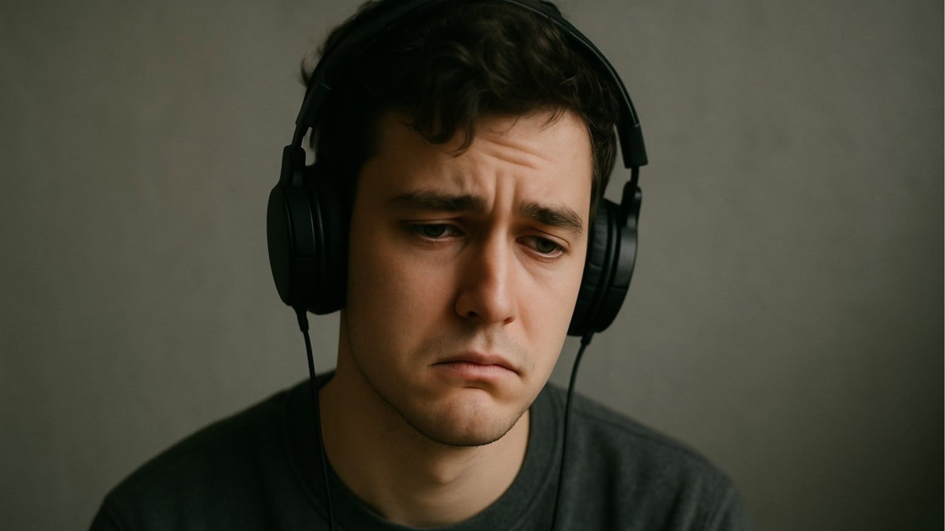 na snímke je smutný muž počúvajúci hudbu